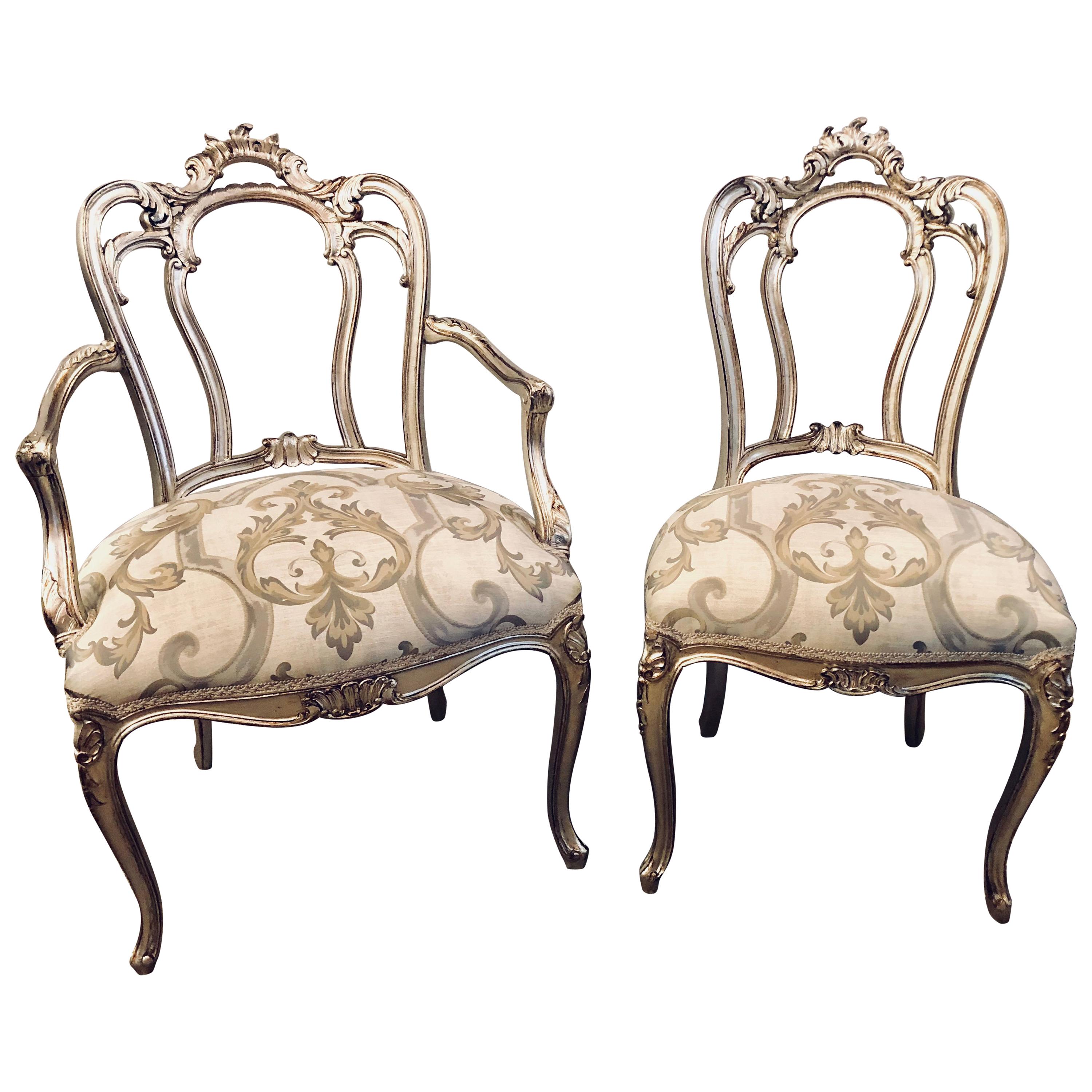 Six Louis XV Style Silver Gilt Recently Refinished and Upholstered Dining Chairs
