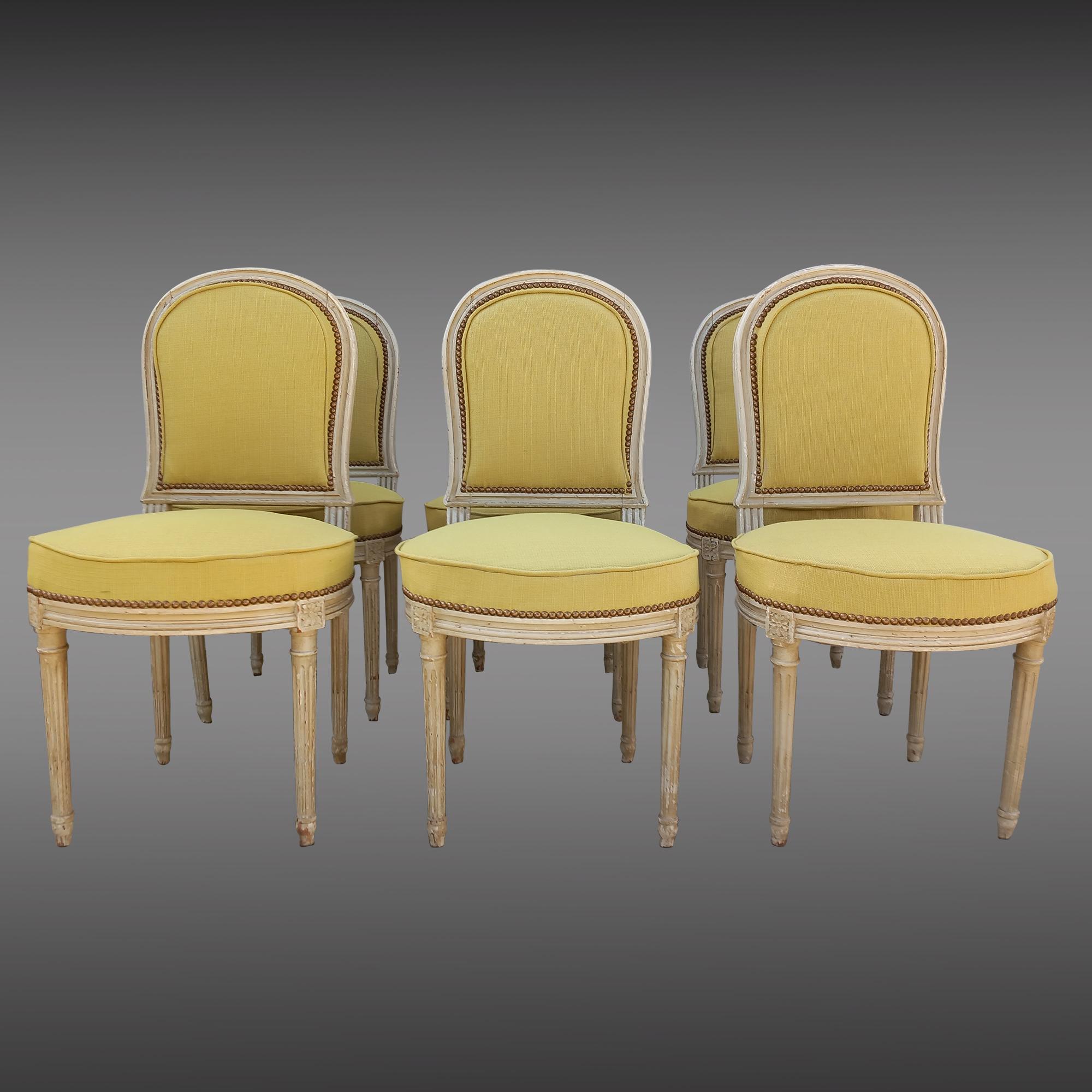 French Six Louis XVI Dining Chairs green For Sale