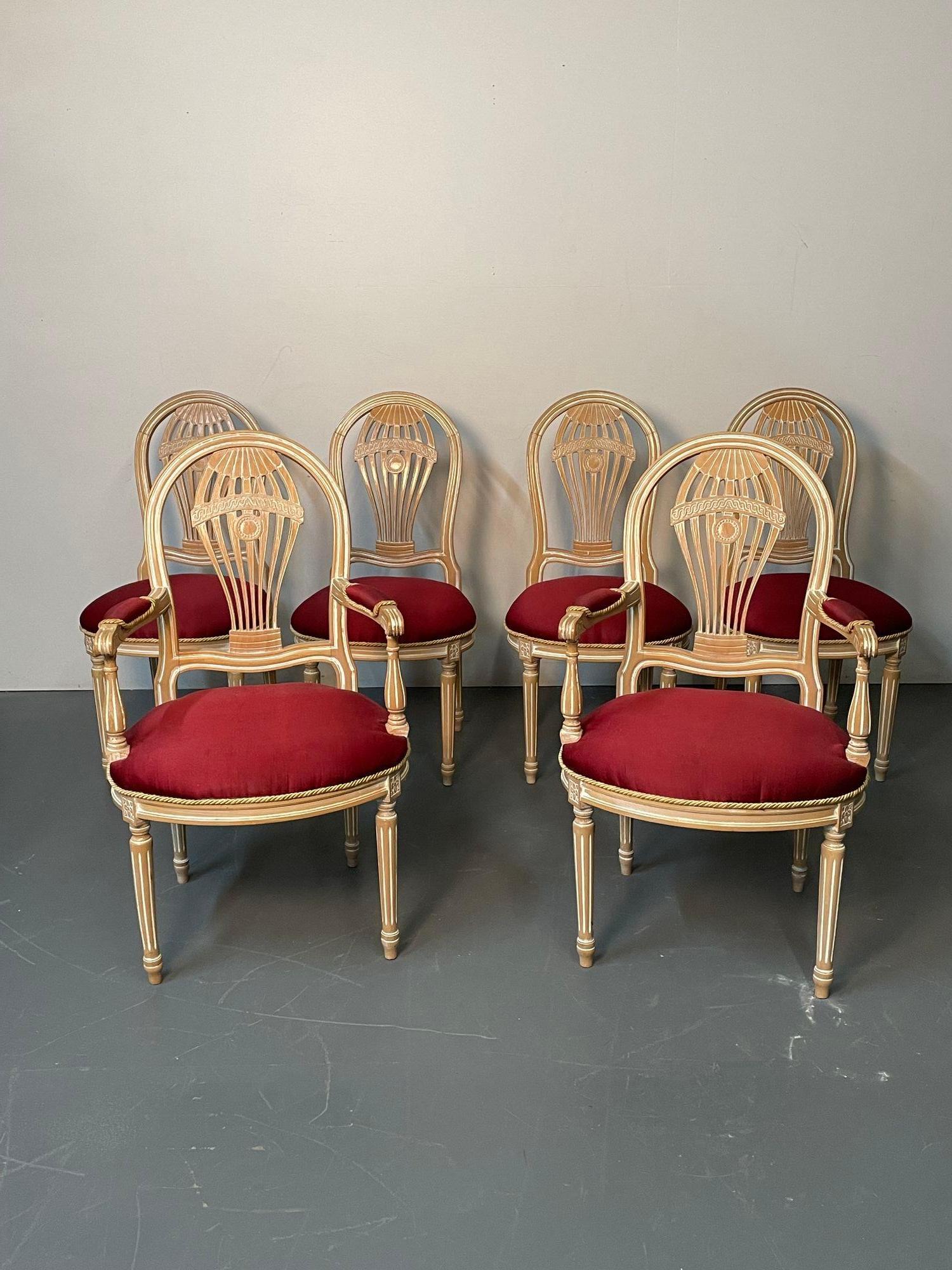 Six Louis XVI Maison Jansen Style Bleached Balloon Back Dining Chairs, Whitewash, Red Fabric
 
Set of six bleached and white paint, decorated balloon, back dining chairs, and find fabric with rope welts.

37H  22.5W 20D
SH 19.25
 
gxa