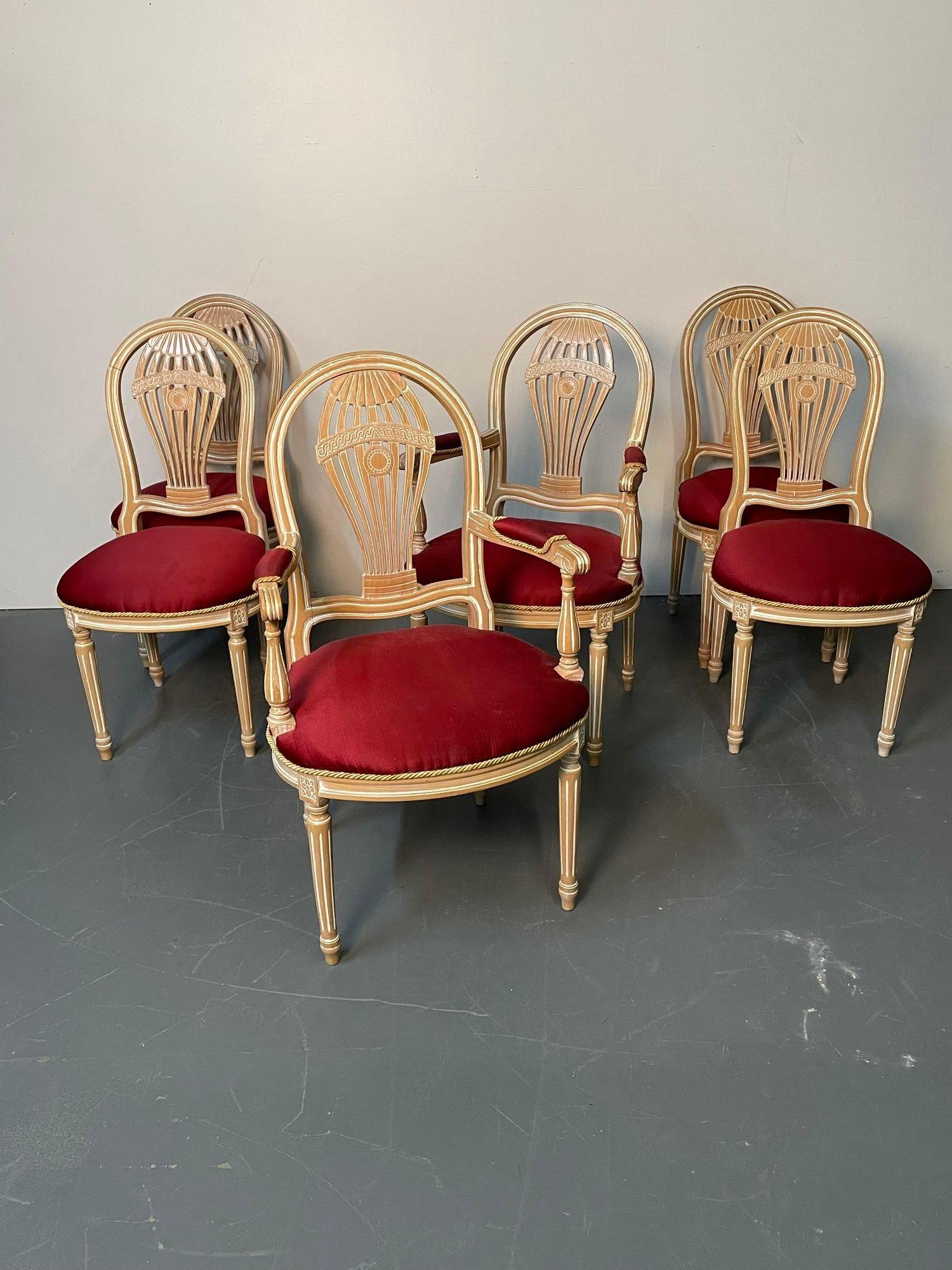 Italian Six Louis XVI Maison Jansen Style Bleached Balloon Back Dining Chairs, Whitewash For Sale