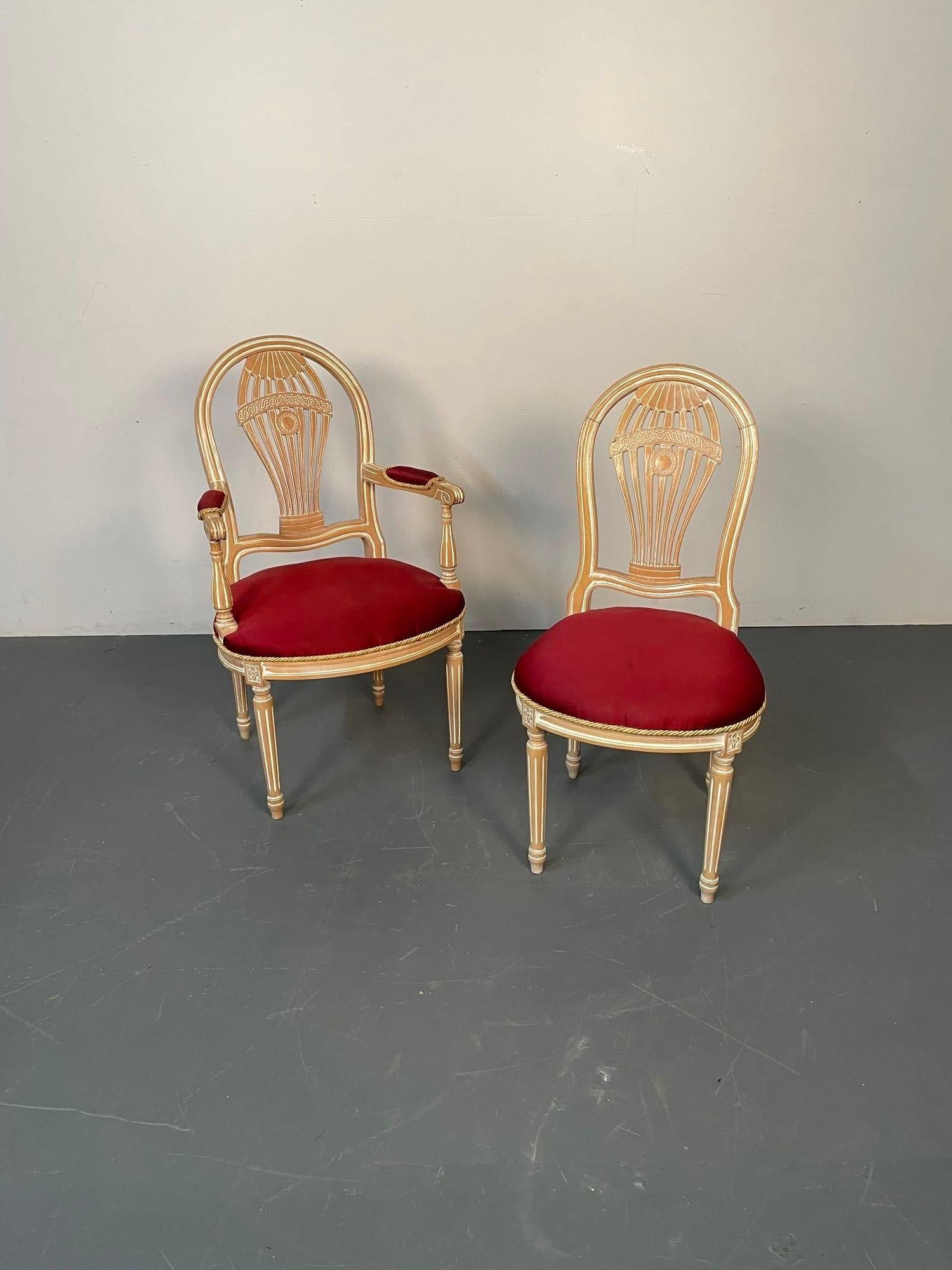 Fabric Six Louis XVI Maison Jansen Style Bleached Balloon Back Dining Chairs, Whitewash For Sale