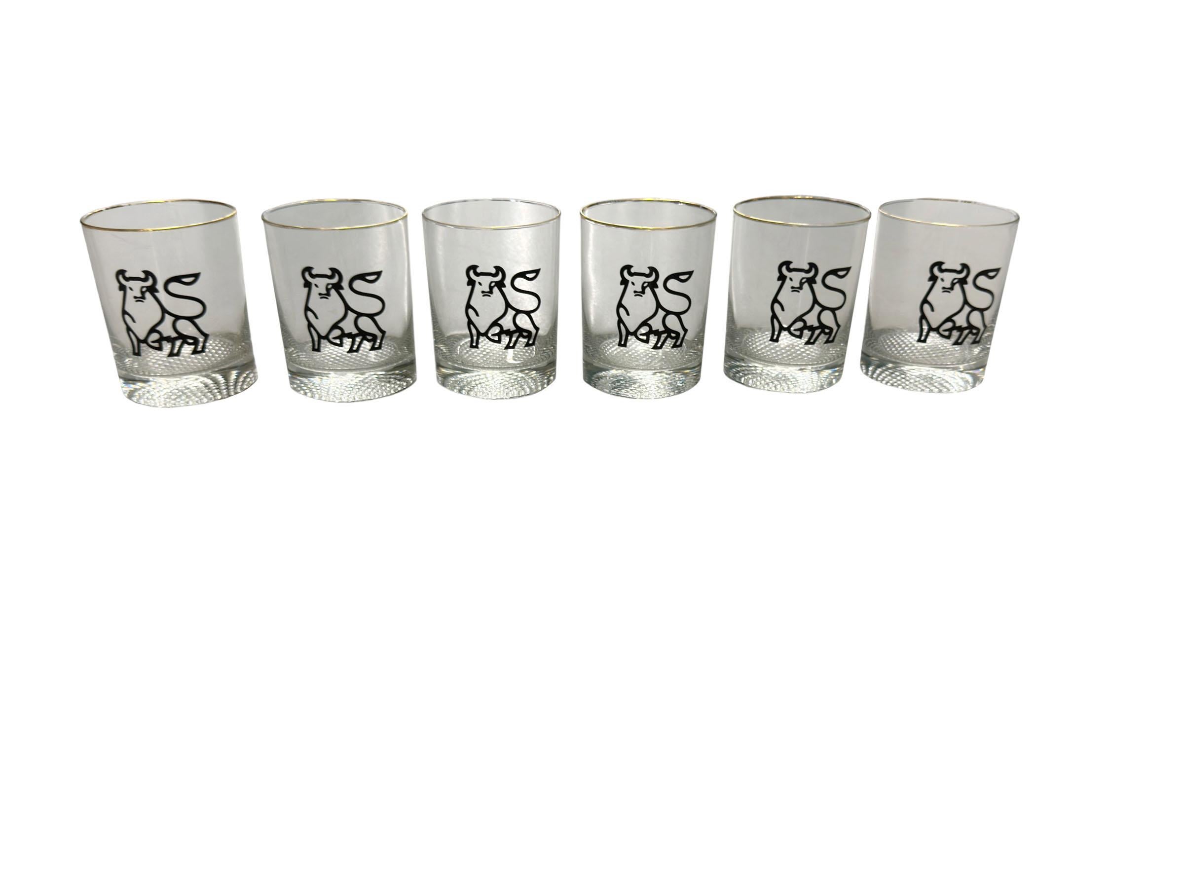 A set of six vintage lowball drinking glasses with bulls in black. An ideal addition to any bar, man cave or office to add a sense of elegance. 