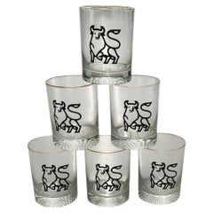 Vintage Six Lowball Drinking Glasses With Bulls