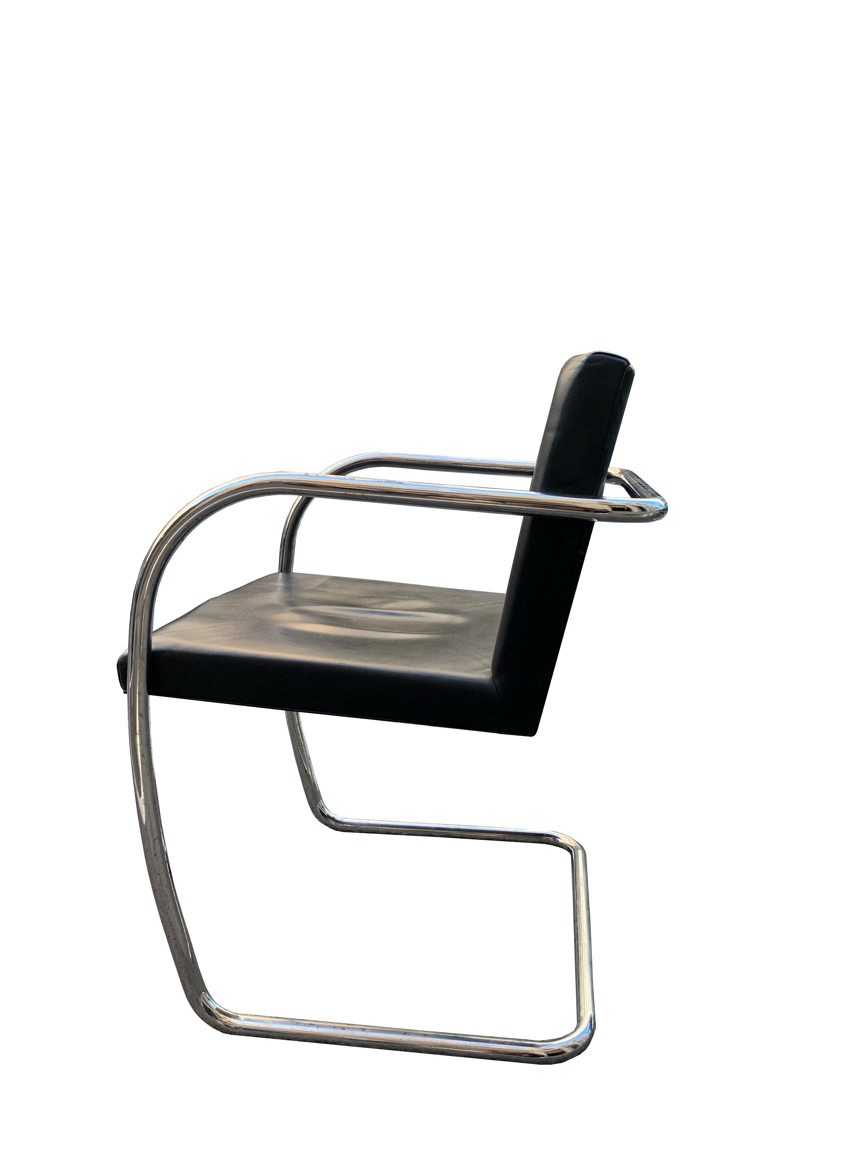 Set of six tubular Brno chairs by Mies Van Der Rohe, published by Knoll circa 1970.
Materials: Skai and Chrome 
The chrome is in perfect condition, the seat can be rewoven on request. 

Measures: height of the seats: 44 cm 
width between arms: 50,5