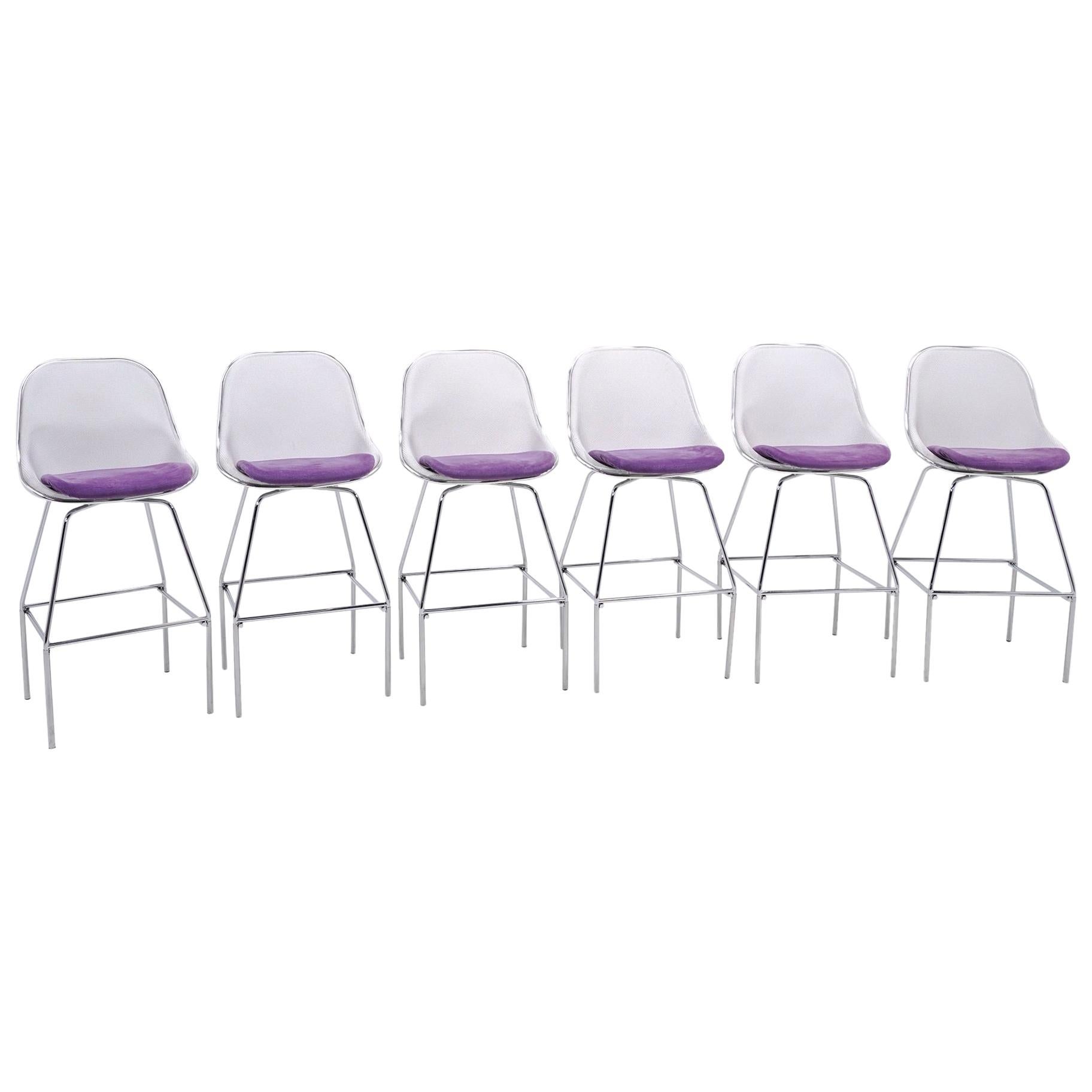 Six Luta Bar Stools by Antonio Citterio.  White, Chrome, Light Purple Microfiber. For Sale