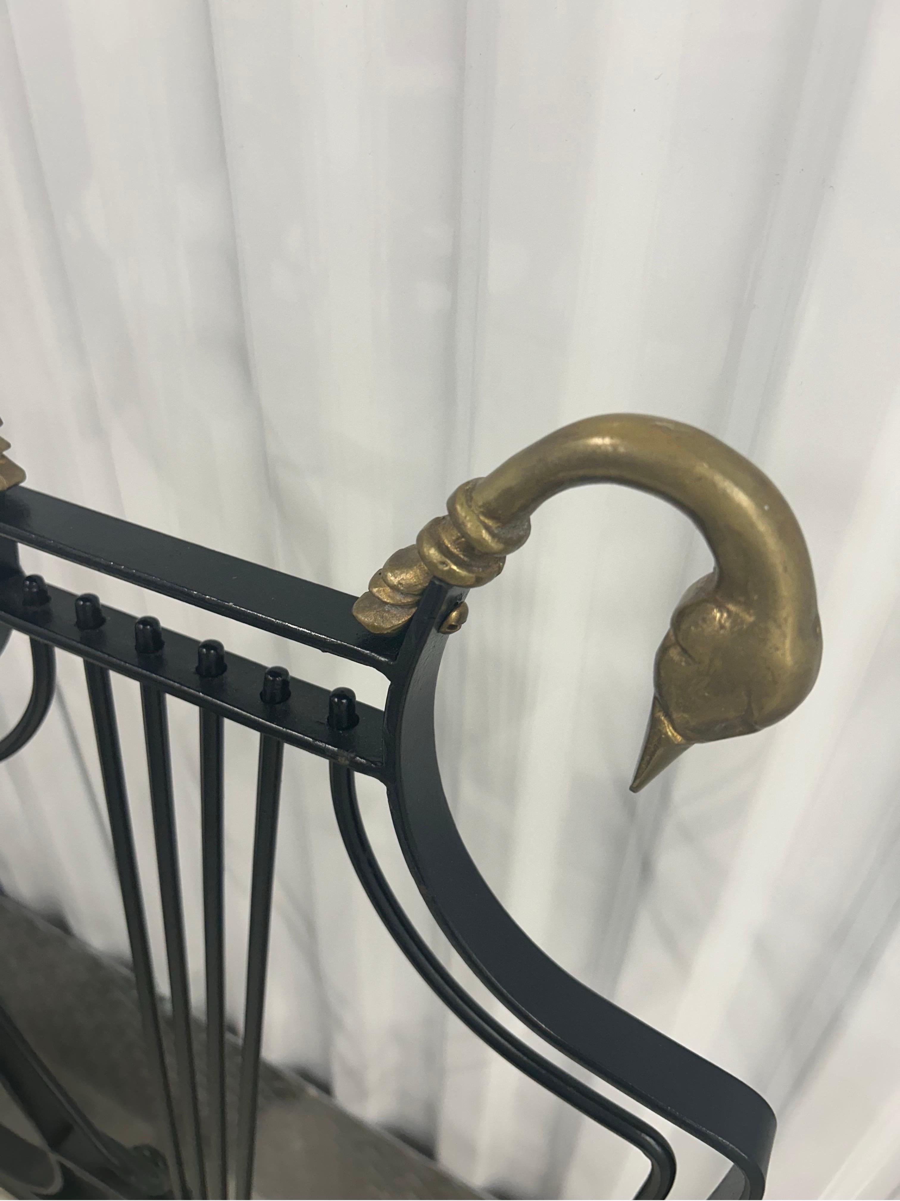 Wrought Iron Six Lyre back chairs with brass swan heads and paw feet For Sale