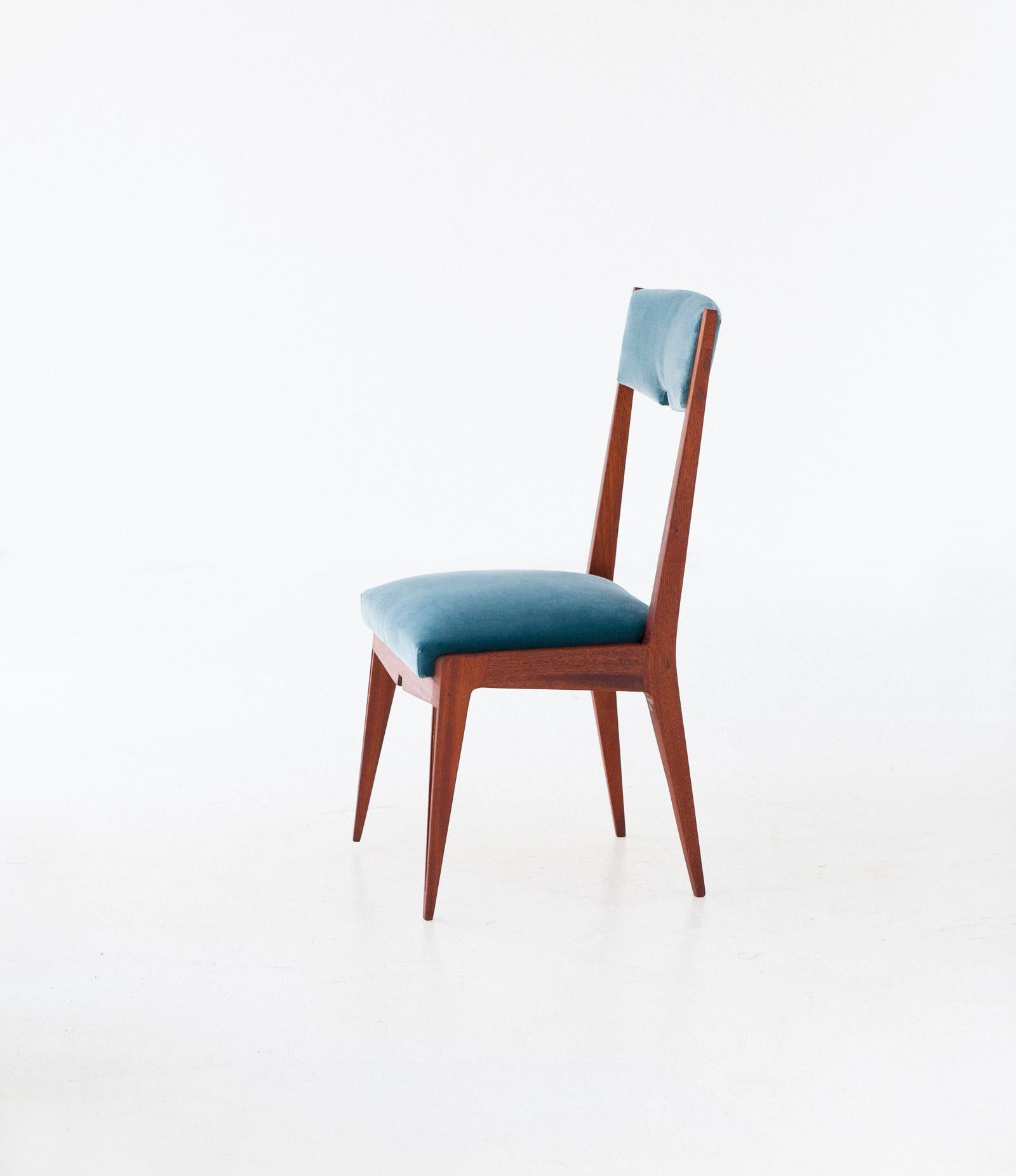 Mid-Century Modern Six Mahogany and Blue Velvet Dining Chairs