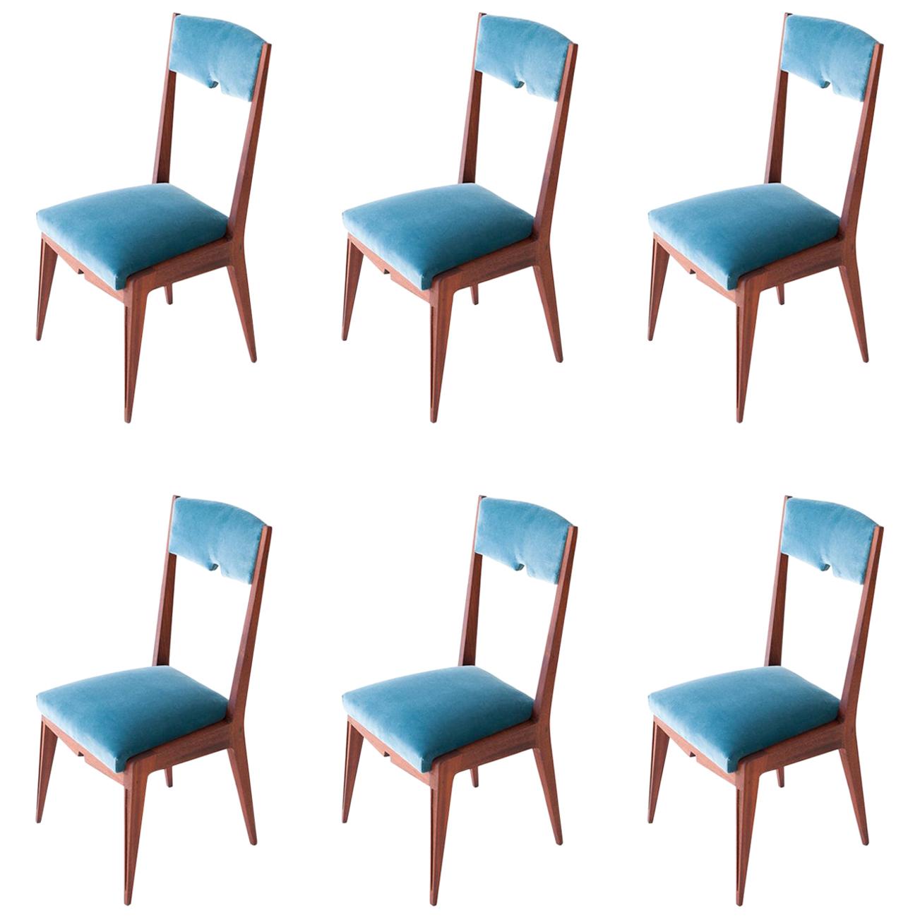 Six Mahogany and Blue Velvet Dining Chairs