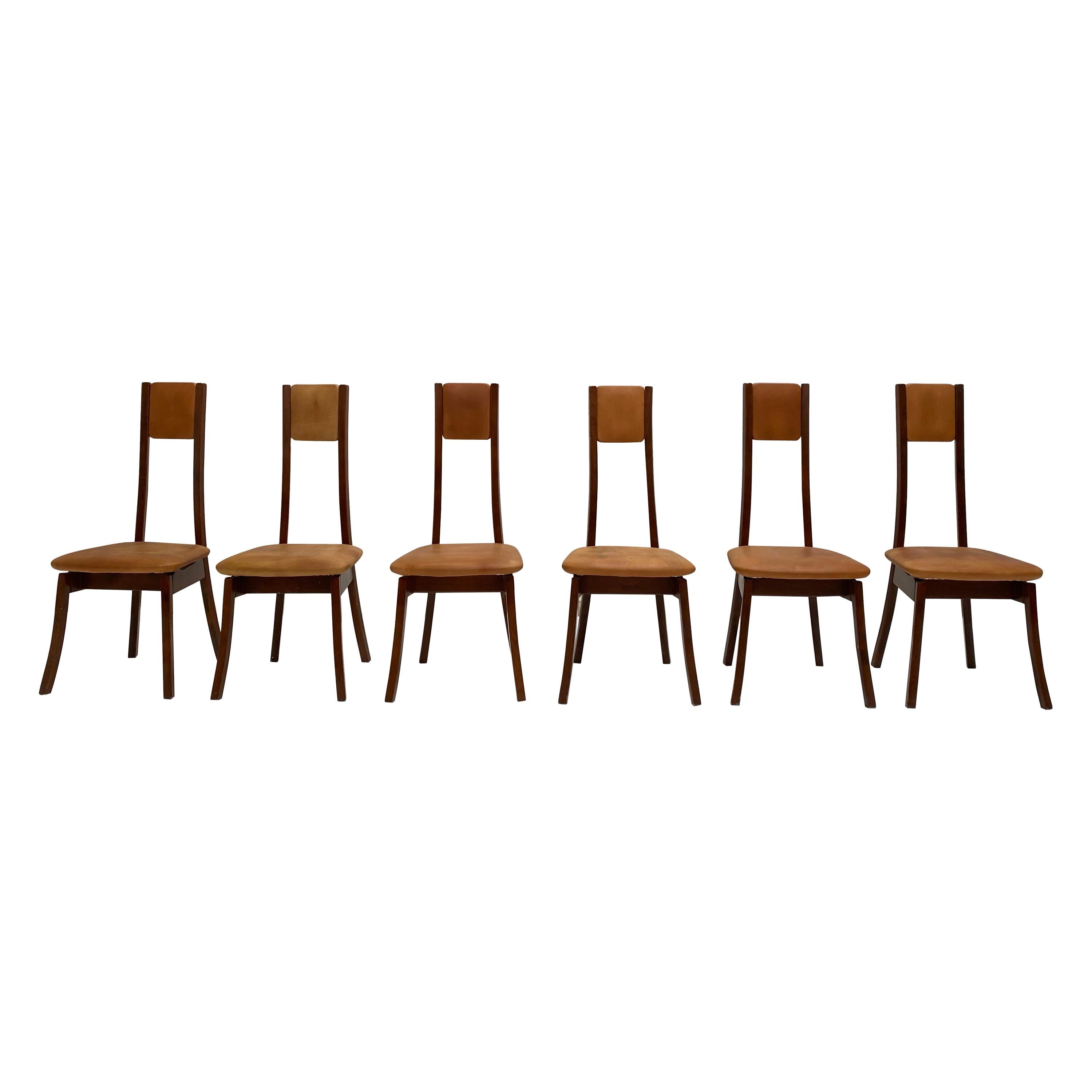 Six chaises à manger Mangiarotti 'S11' en noyer & en cuir:: Sorgente Dei Mobili 1972 en vente