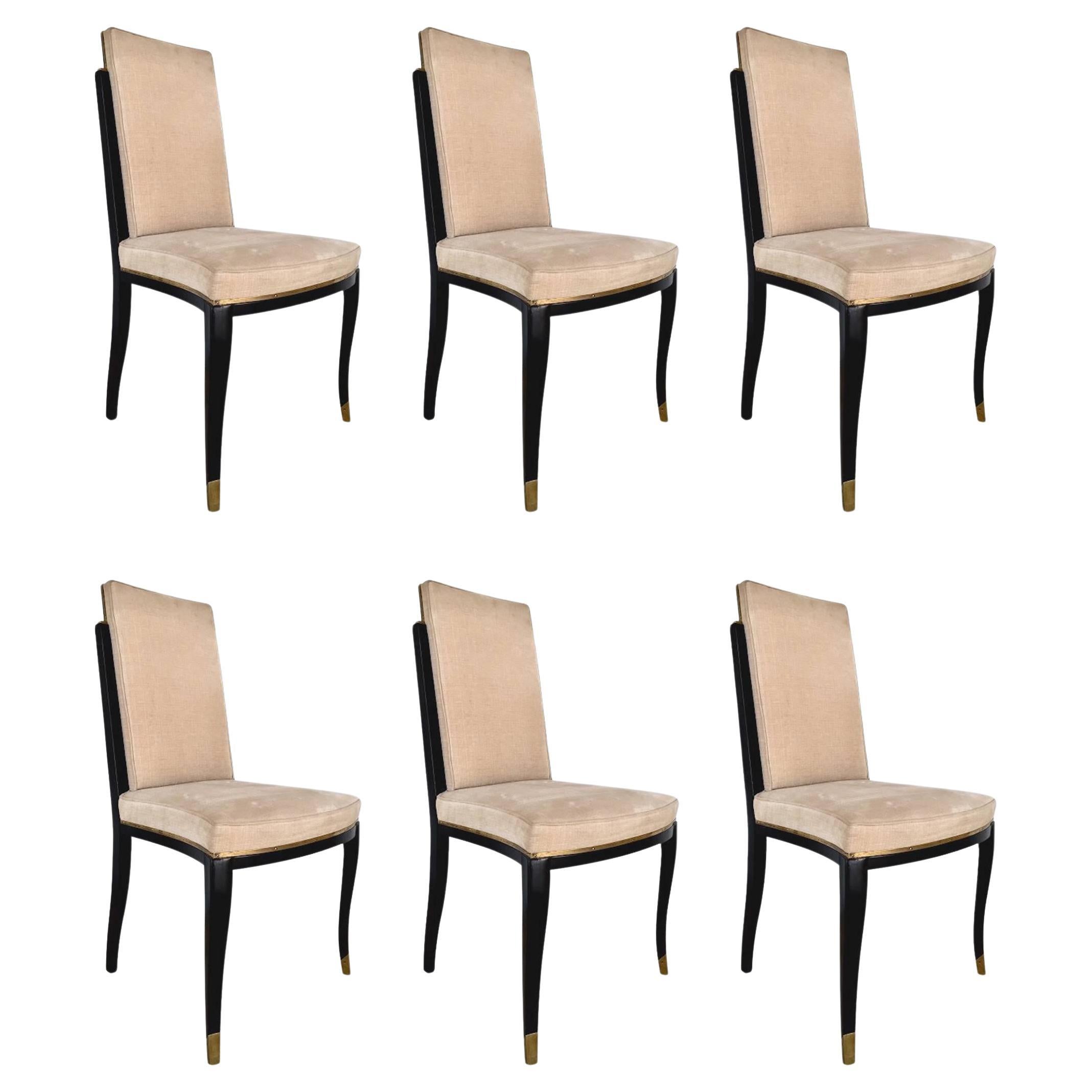 Six Maison Jansen Black Lacquer and Brass Dining Chairs
