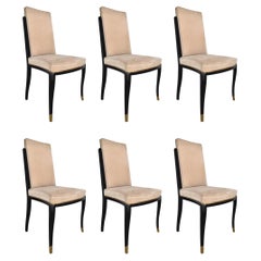 Vintage Six Maison Jansen Black Lacquer and Brass Dining Chairs