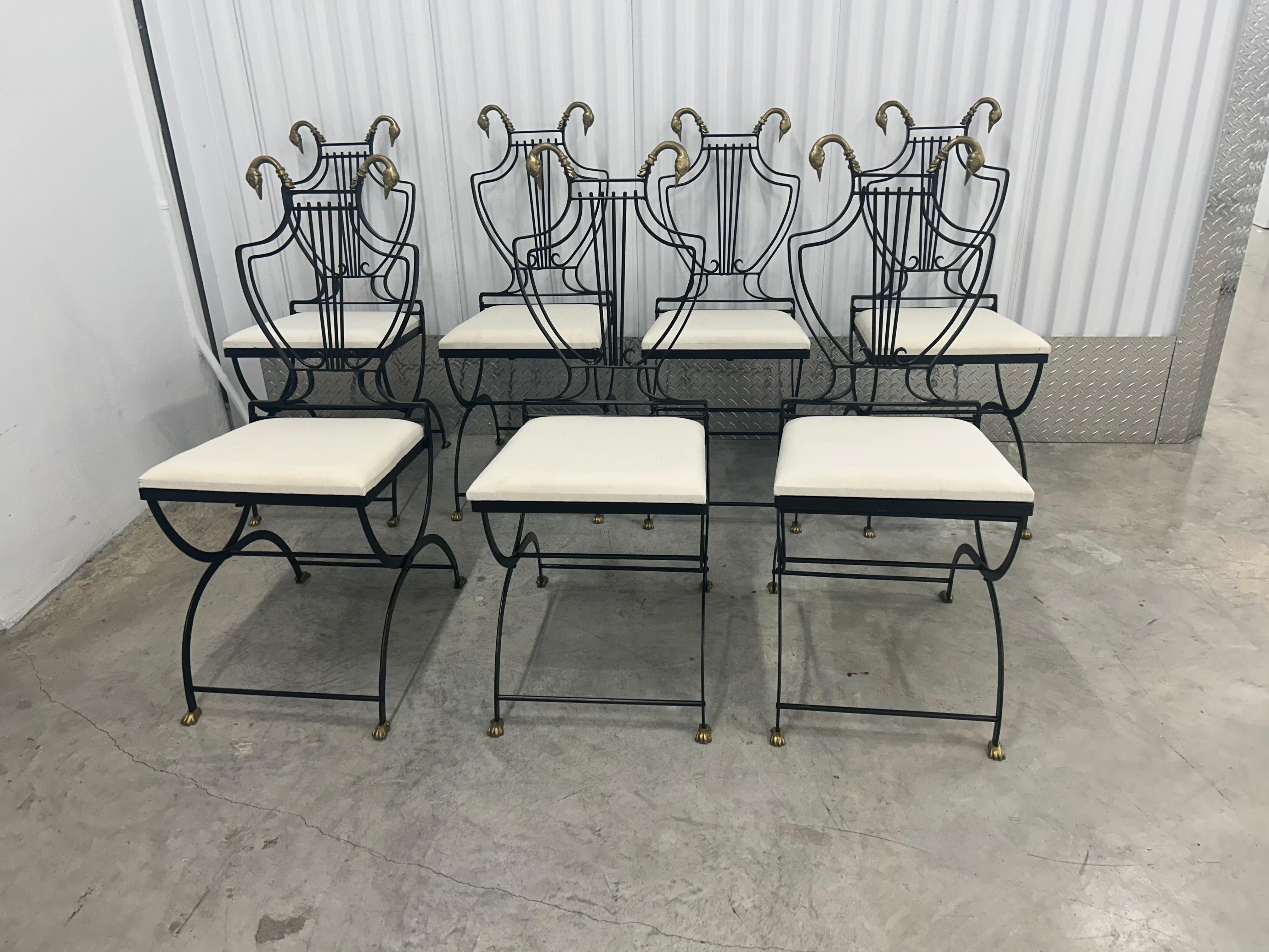 Neoclassical Six Lyre back chairs with brass swan heads and paw feet For Sale