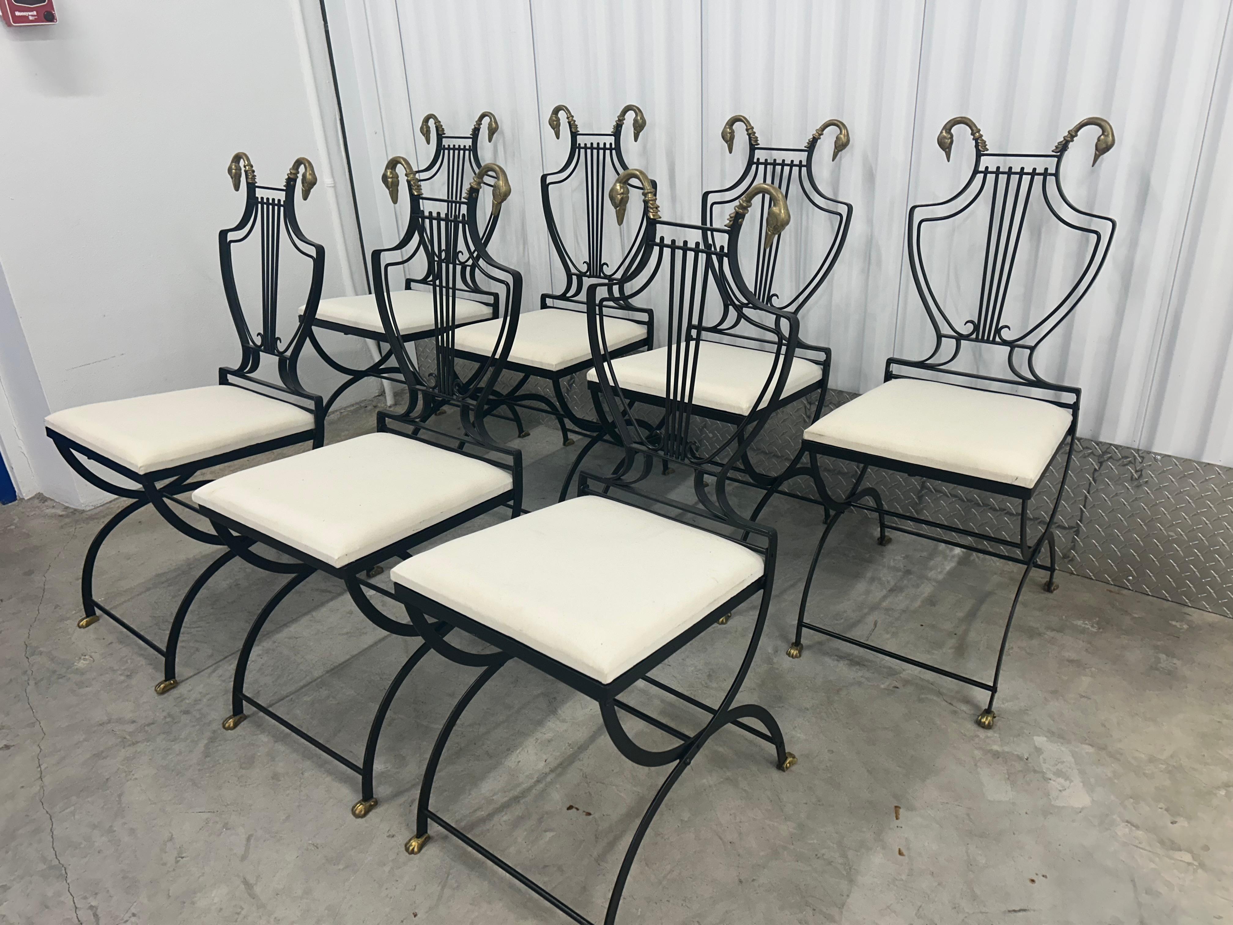 French Six Lyre back chairs with brass swan heads and paw feet For Sale