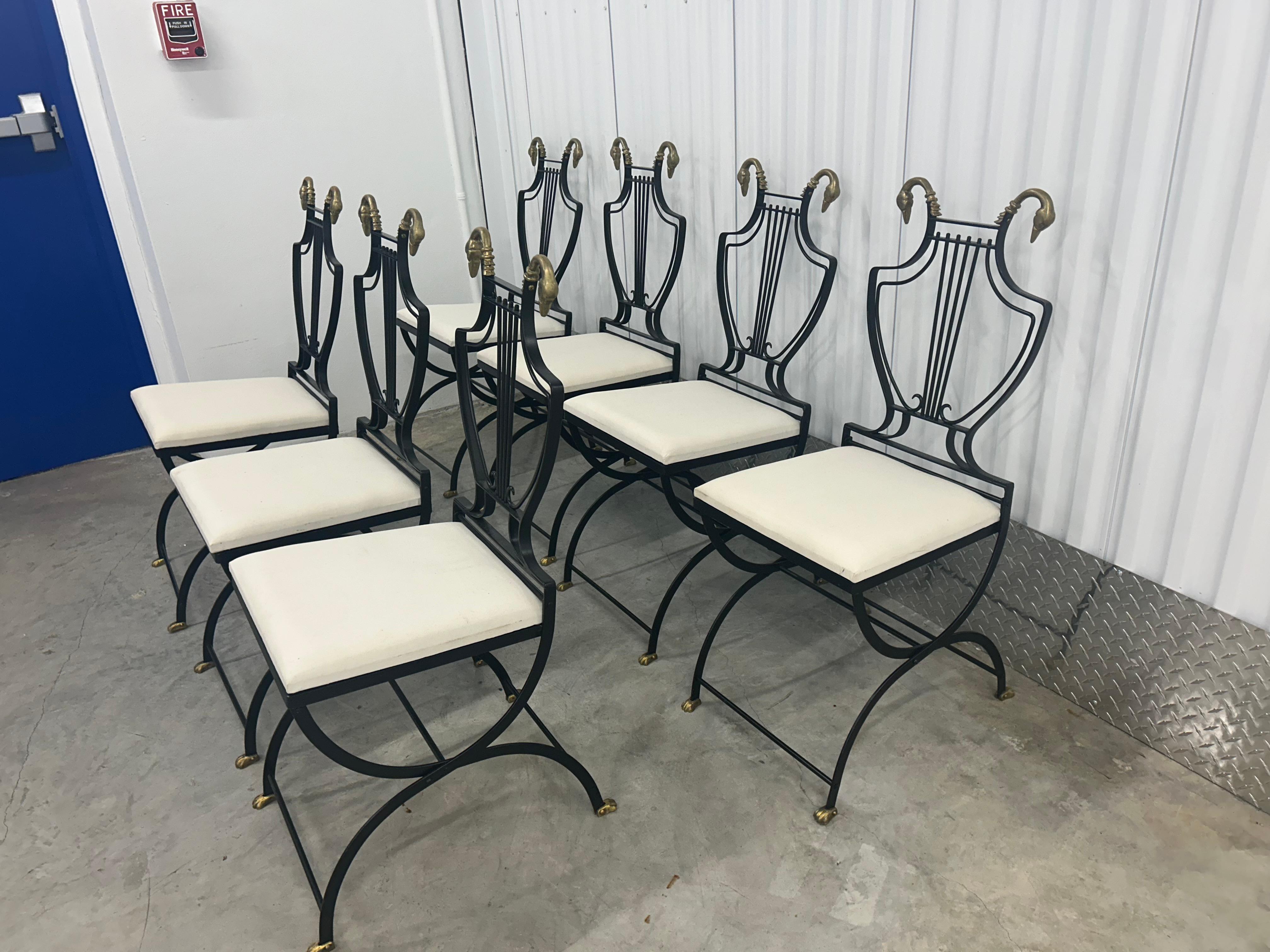 Hand-Painted Six Lyre back chairs with brass swan heads and paw feet For Sale