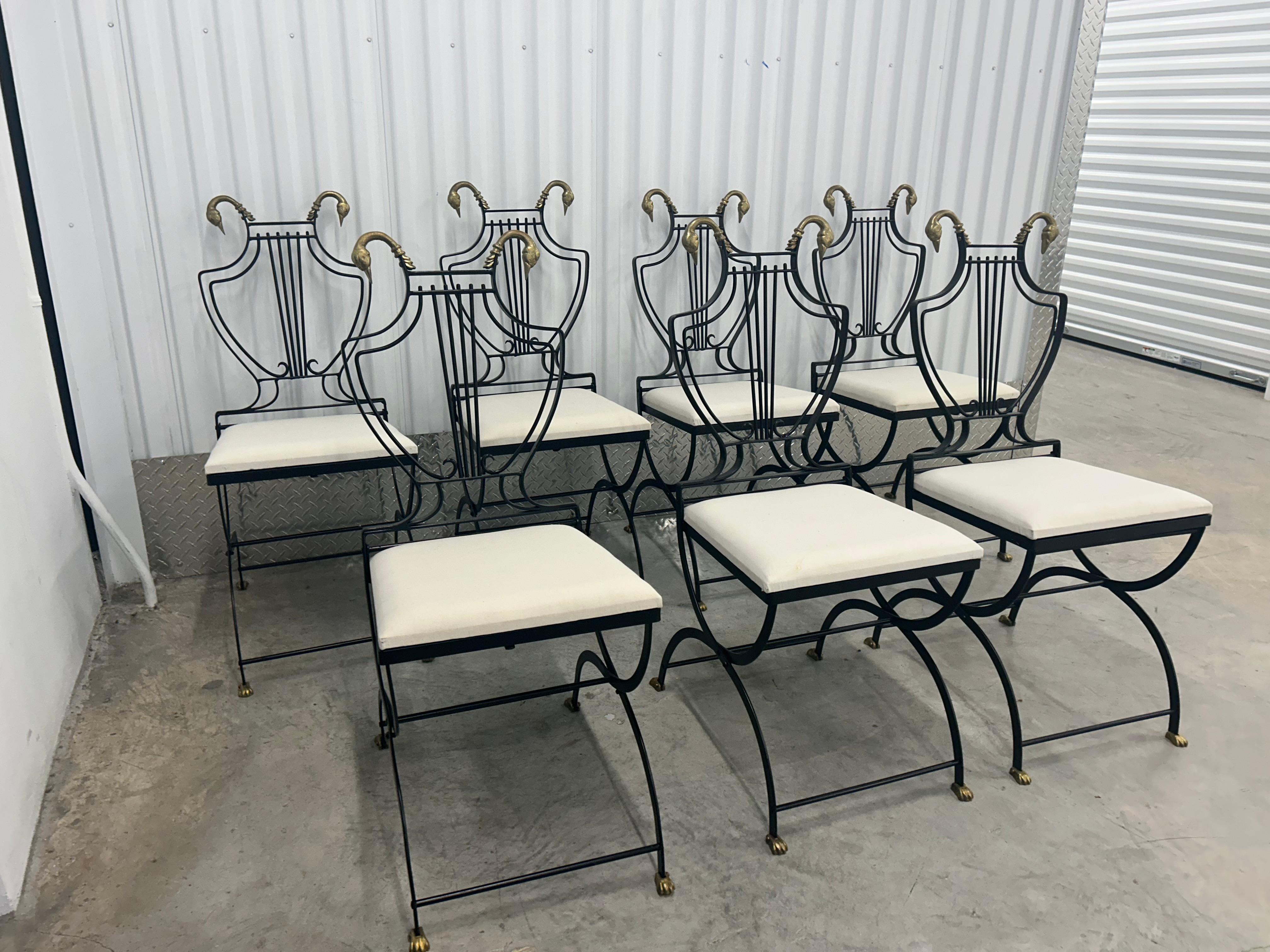 Six Lyre back chairs with brass swan heads and paw feet In Good Condition For Sale In West Palm Beach, FL