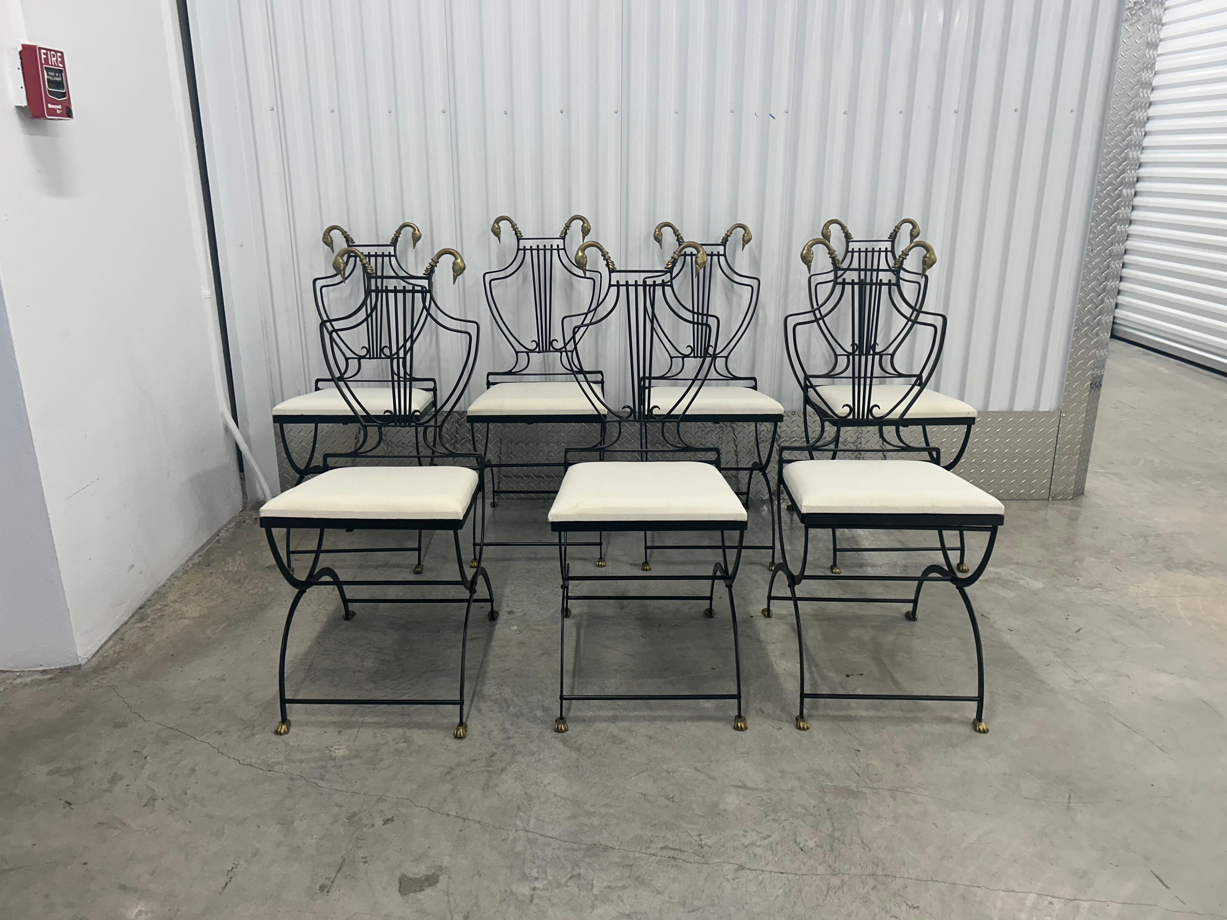 20th Century Six Lyre back chairs with brass swan heads and paw feet For Sale