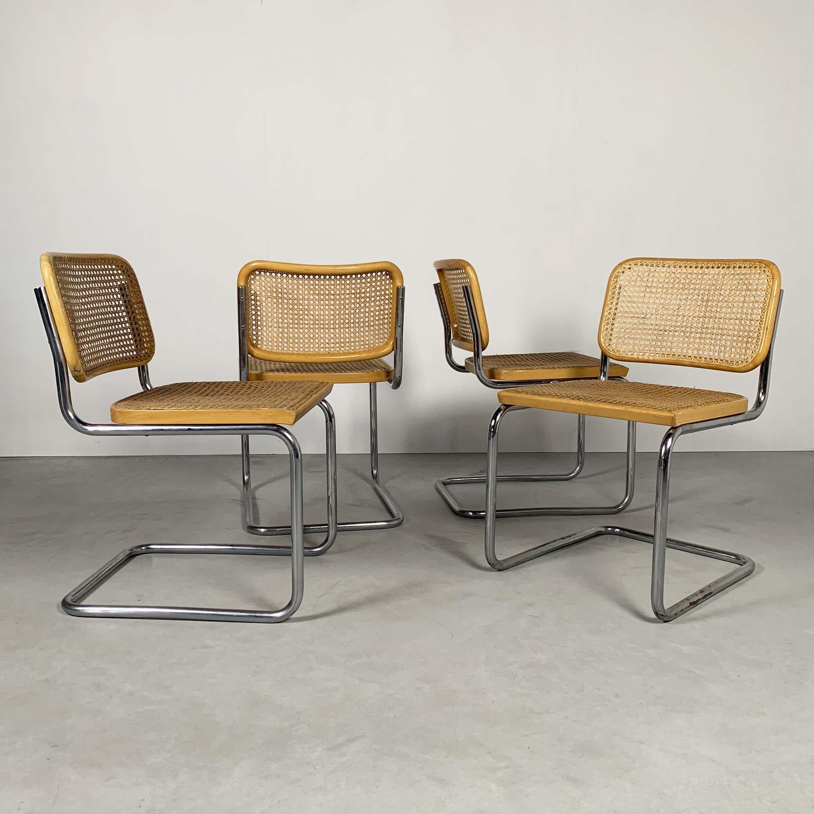 4 Cesca chairs by Marcel Breuer for Gavina, 1970s. Cane seats and backs. Natural finish. Classic chrome cantilever frames.

Sold in sets of 2, we have 4 available