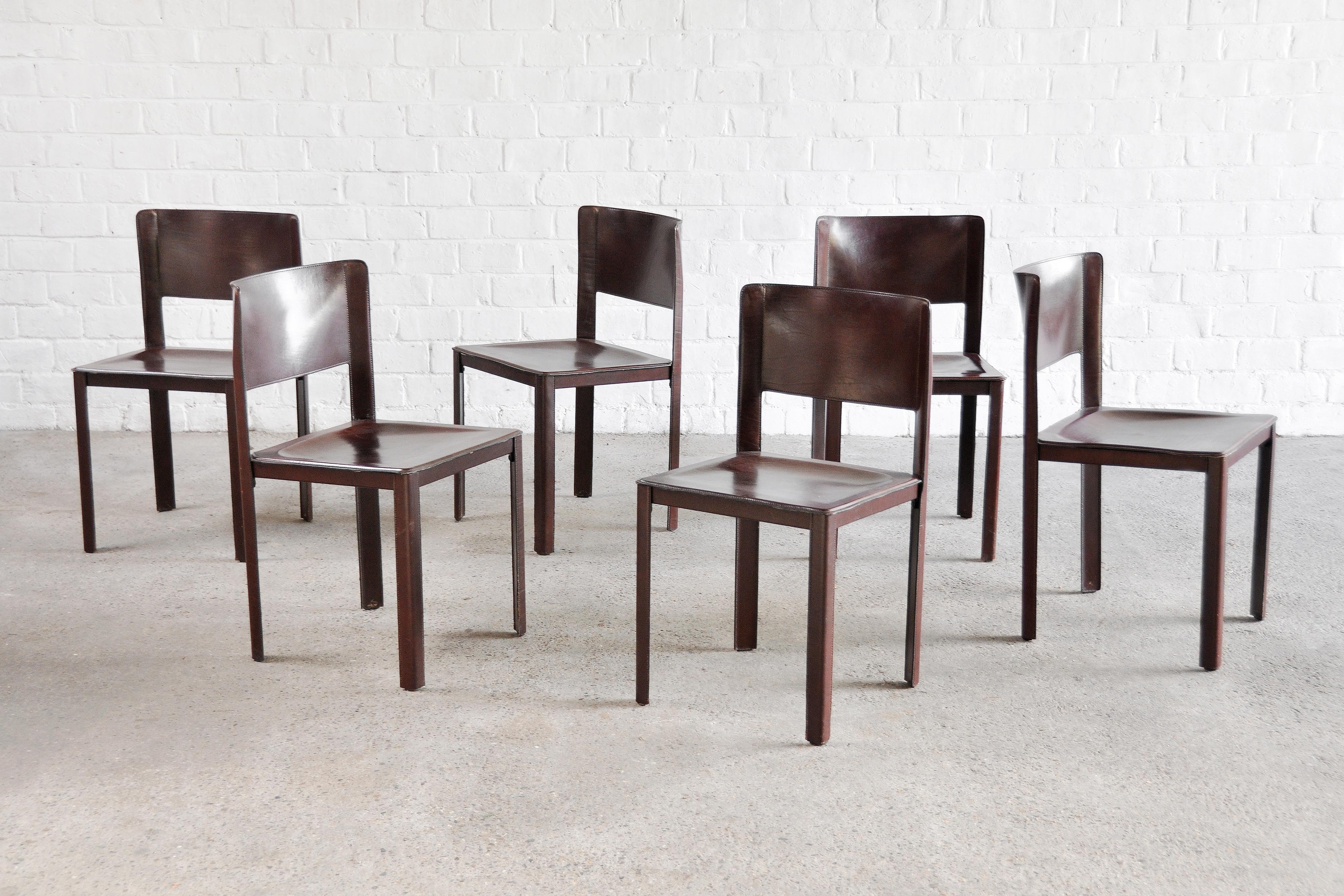 20th Century Six Warm Red Italian Leather Dining Chairs by Matteo Grassi, 1970s