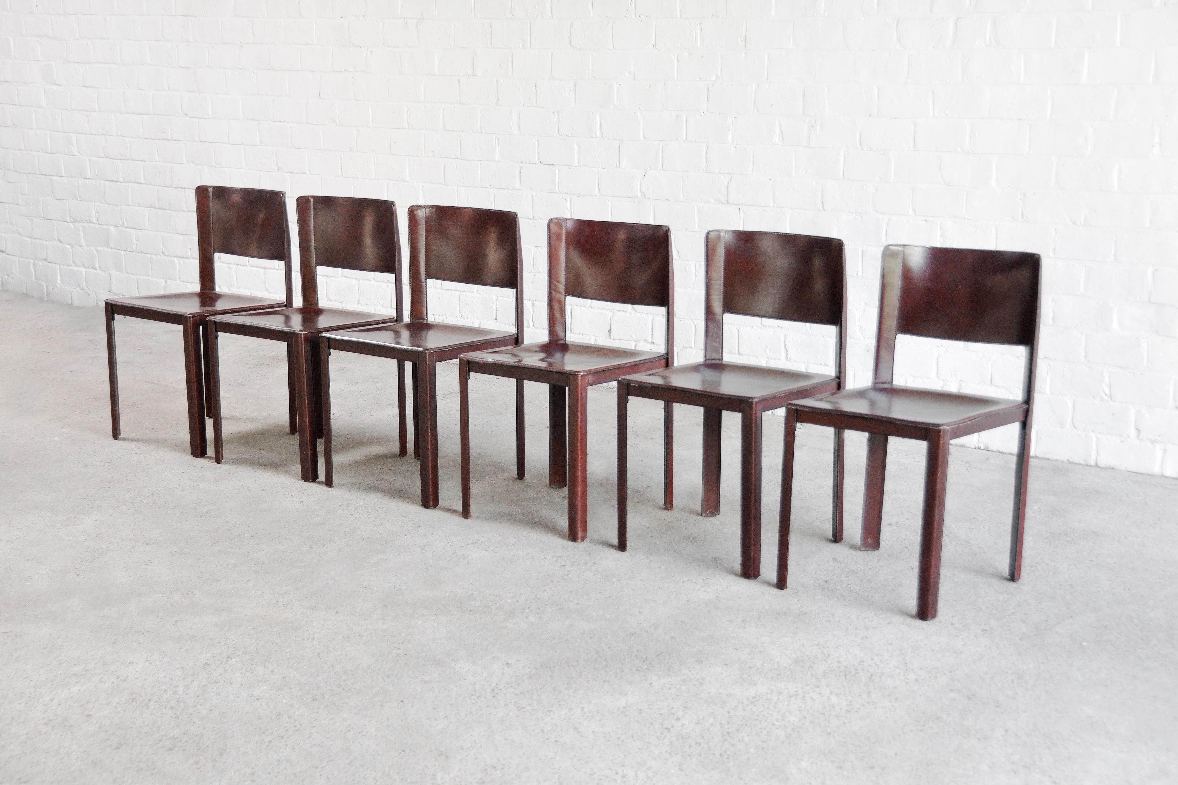 Six Warm Red Italian Leather Dining Chairs by Matteo Grassi, 1970s 1