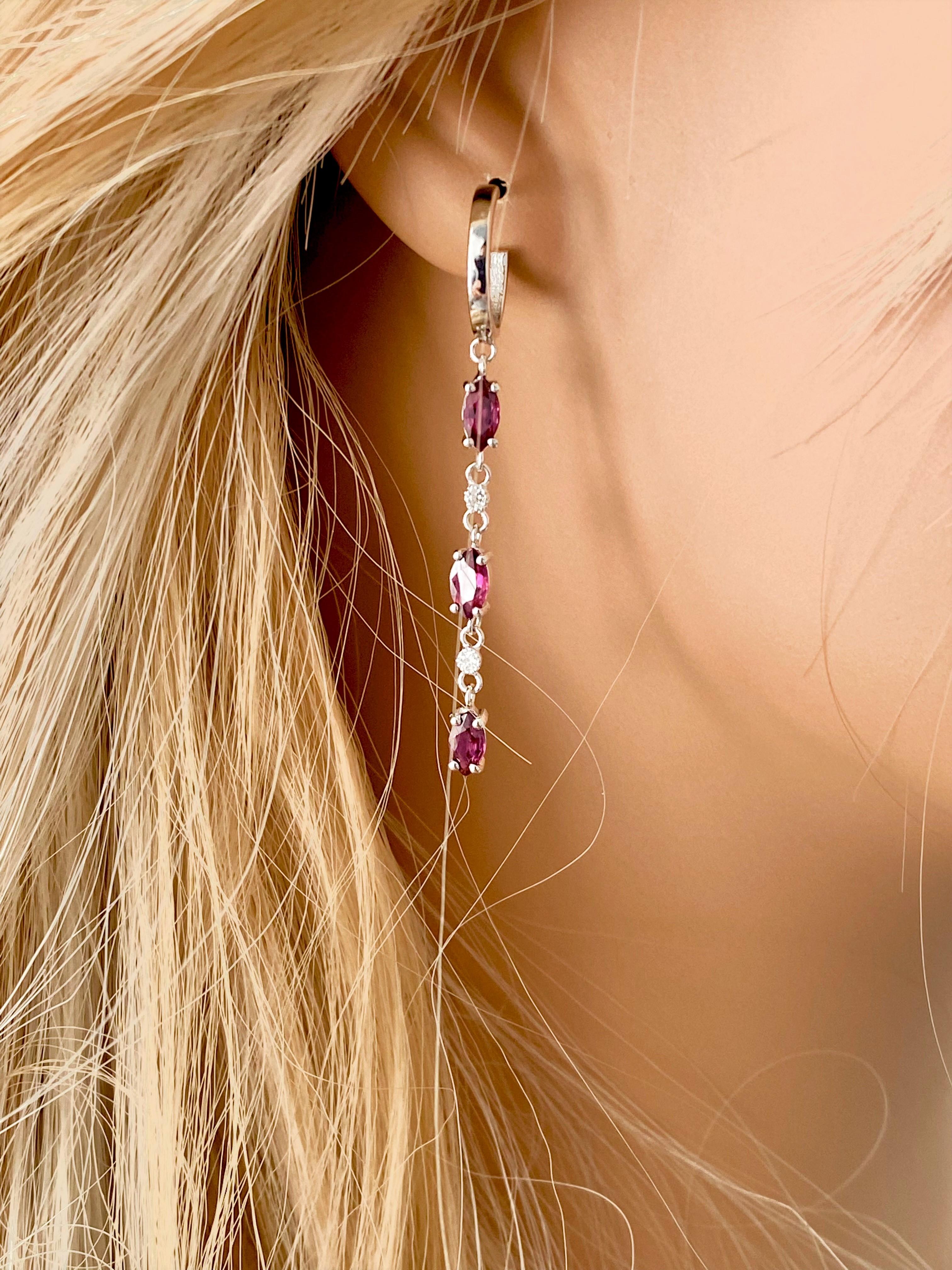Contemporary Six Marquise Rubies and Diamonds White Gold Hoop Earrings  