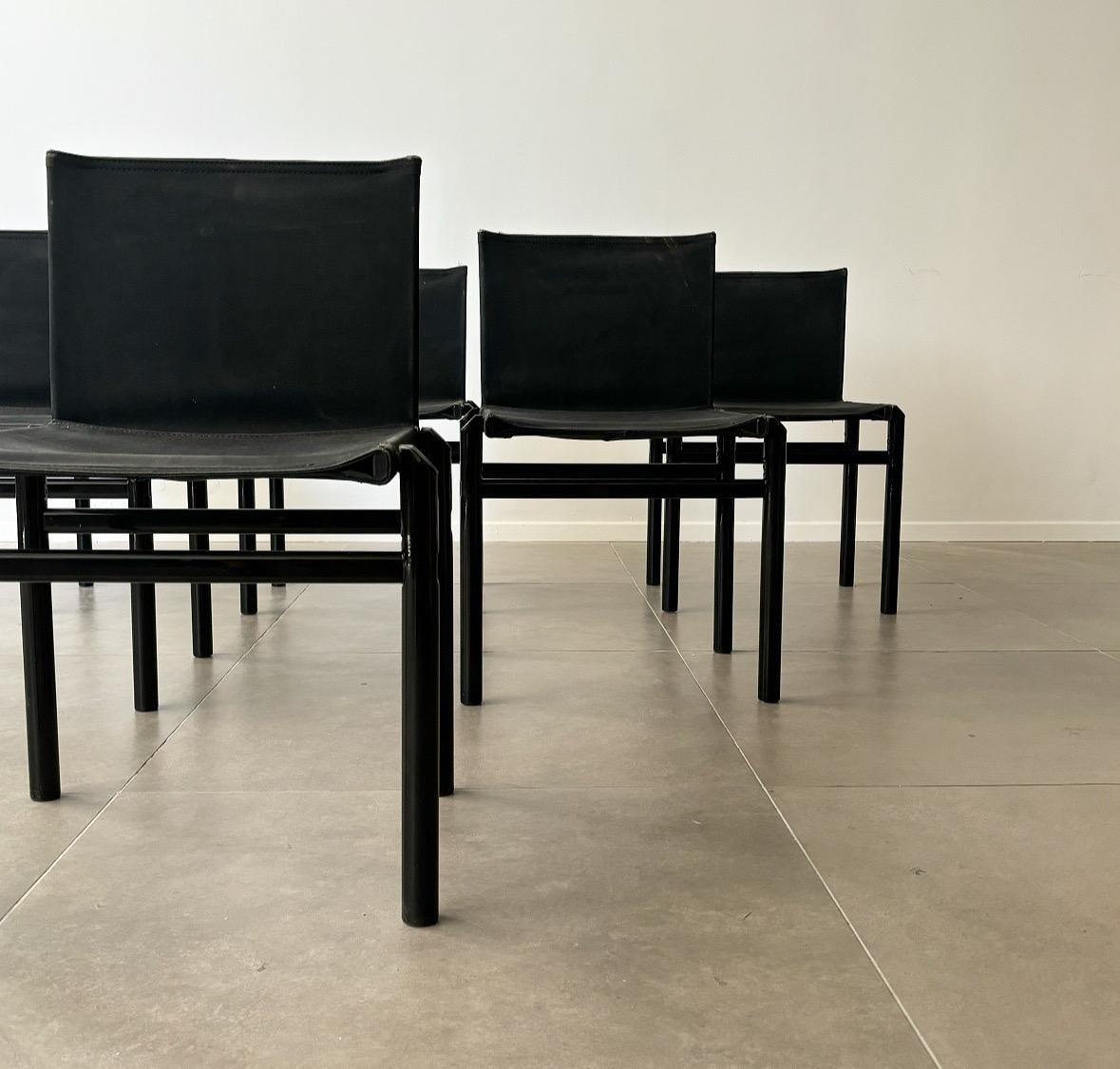 Mastro chair produced by Molteni design Afra Tobia Scarpa year 1981. Black fire-painted steel structure, seat and back in black stain-resistant fabric. End caps and feet in P.V.C. black. A leather ring strengthens the canvas at the point where it