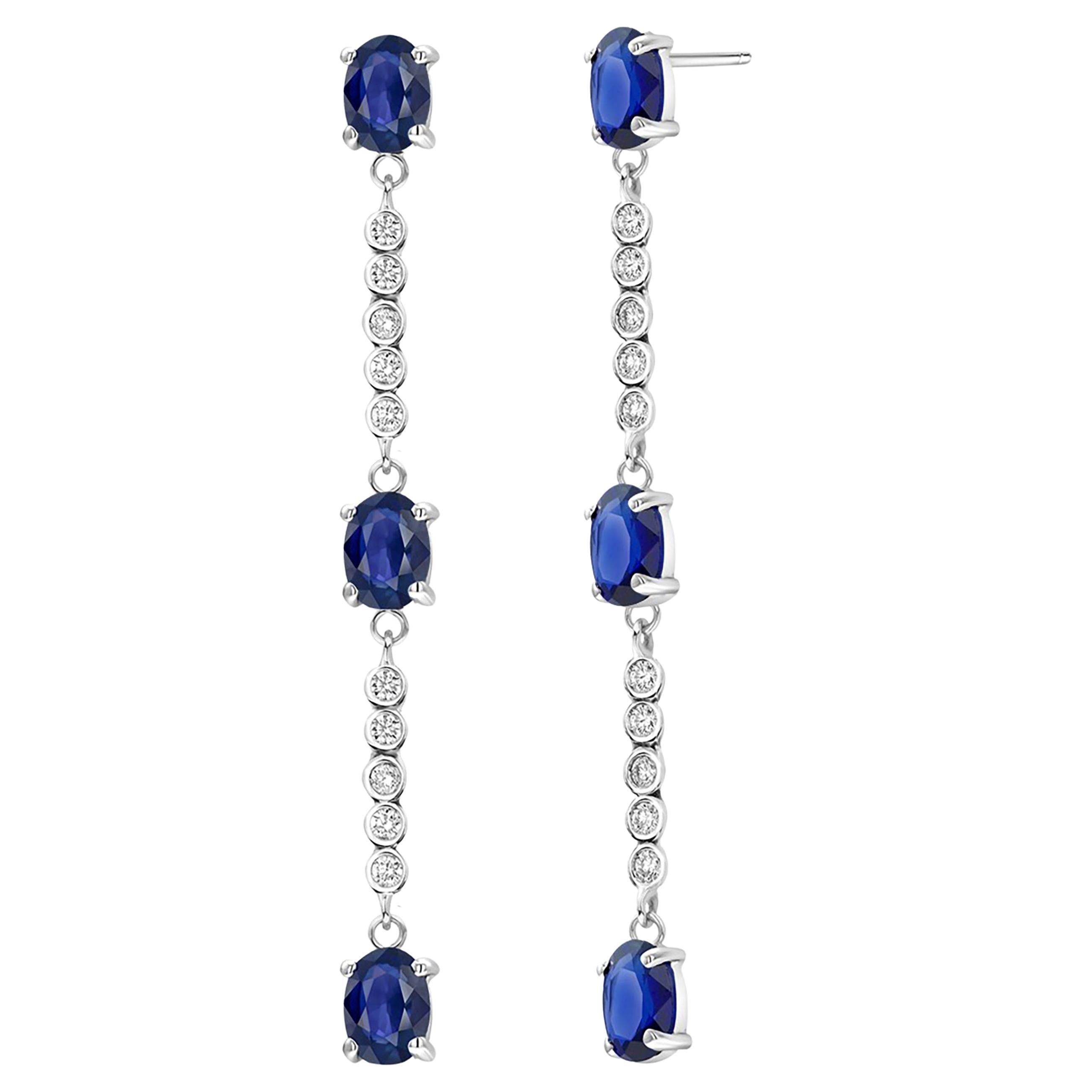 Six Ceylon Sapphires Diamond 6.10 Carat Lariat 2.25 Inch White Gold Earrings For Sale