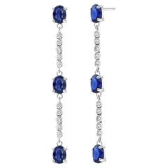 Six Ceylon Sapphires Diamond 6.10 Carat Lariat 2.25 Inch White Gold Earrings