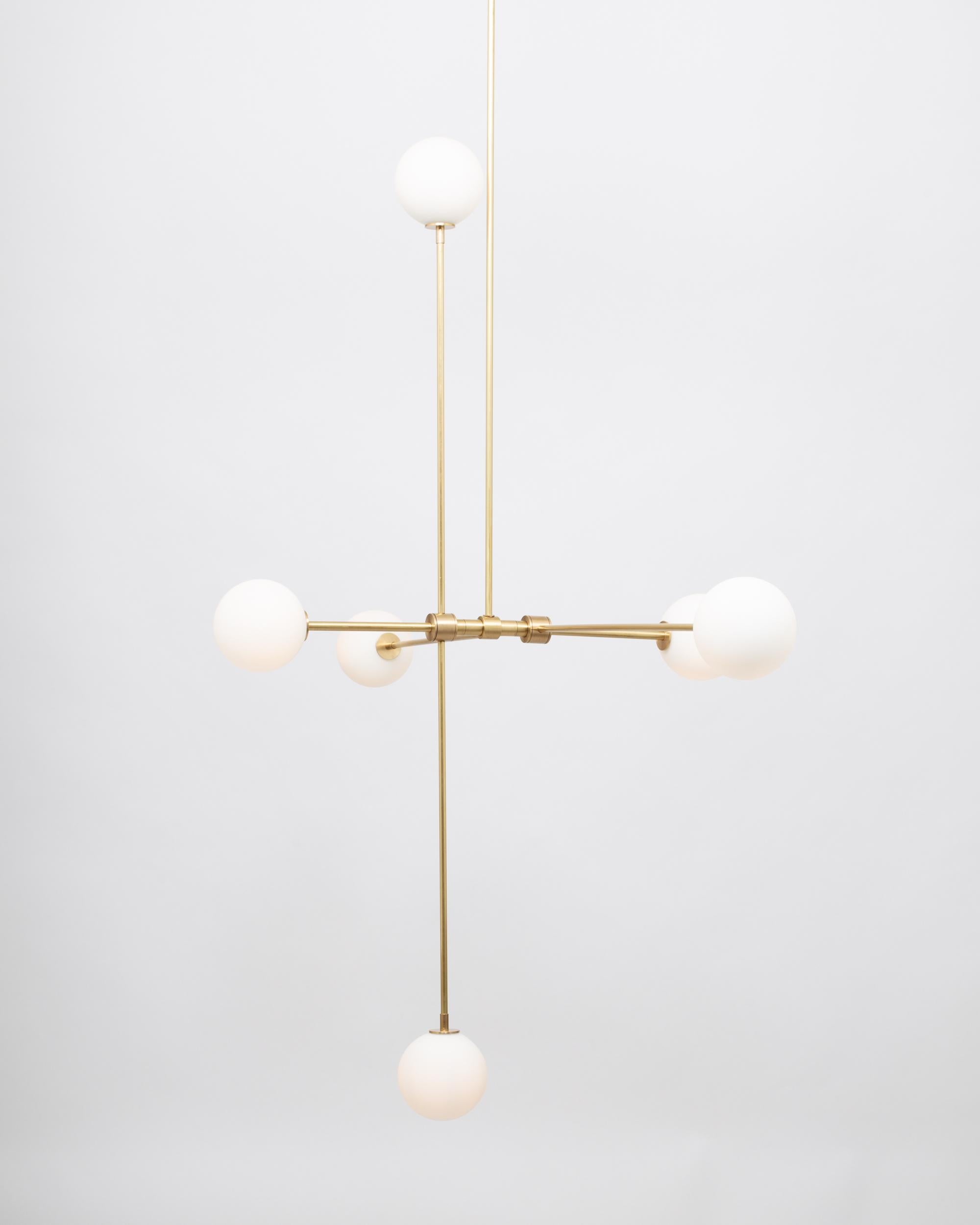 Modern Six Matt Globe Articulating Rotational Satin Brass Pendant, Lighting Fixture