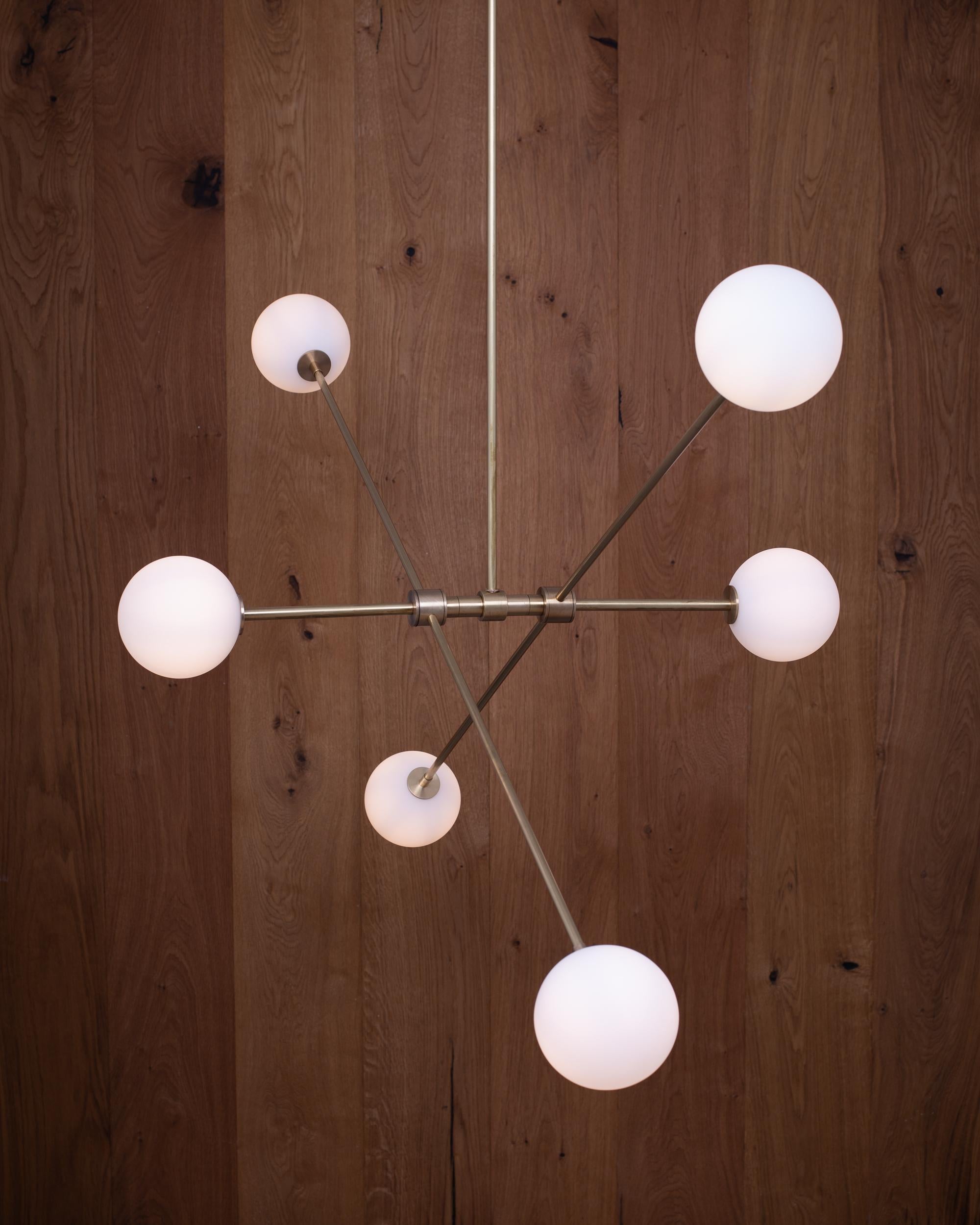 Contemporary Six Matt Globe Articulating Rotational Satin Brass Pendant, Lighting Fixture