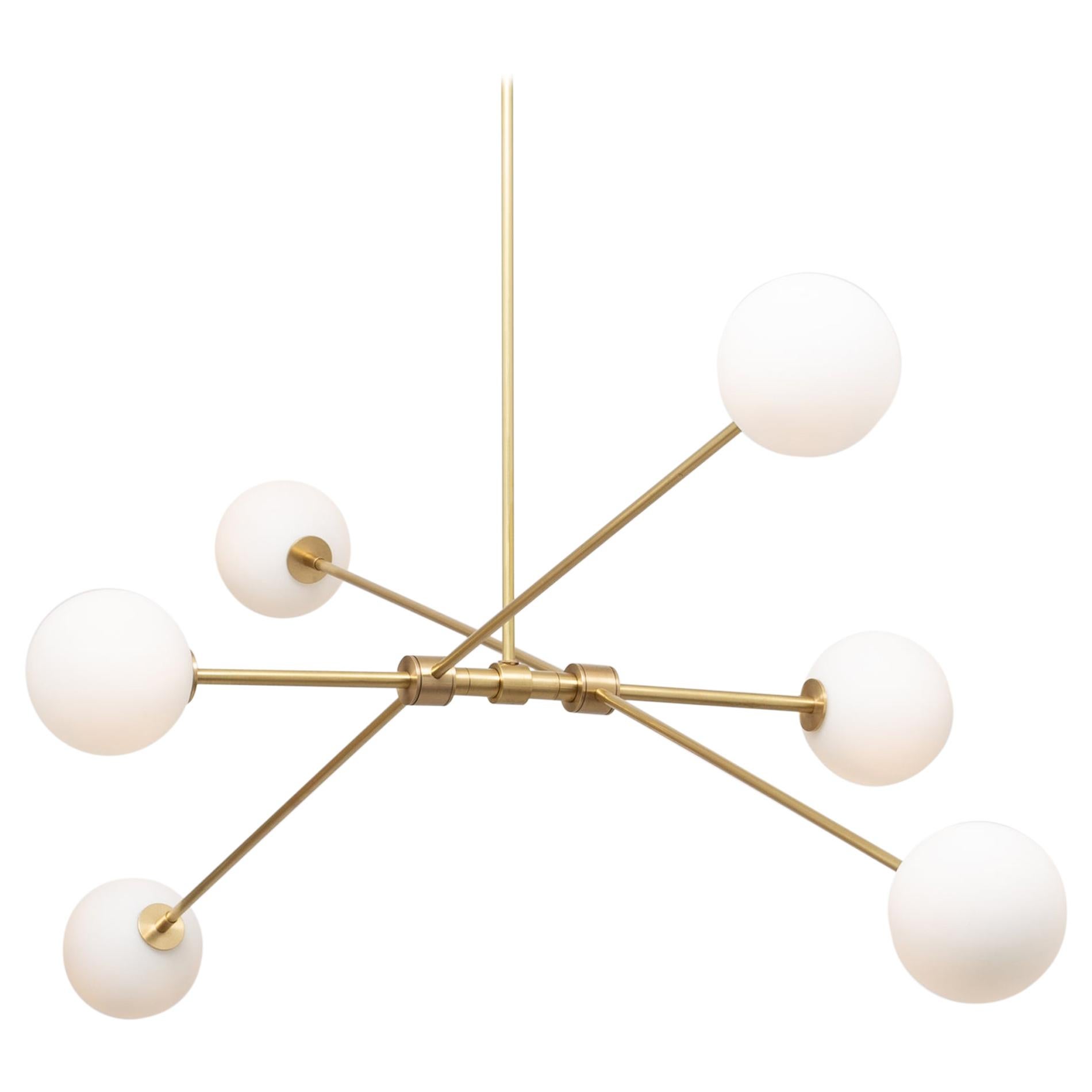 Six Matt Globe Articulating Rotational Satin Brass Pendant, Lighting Fixture