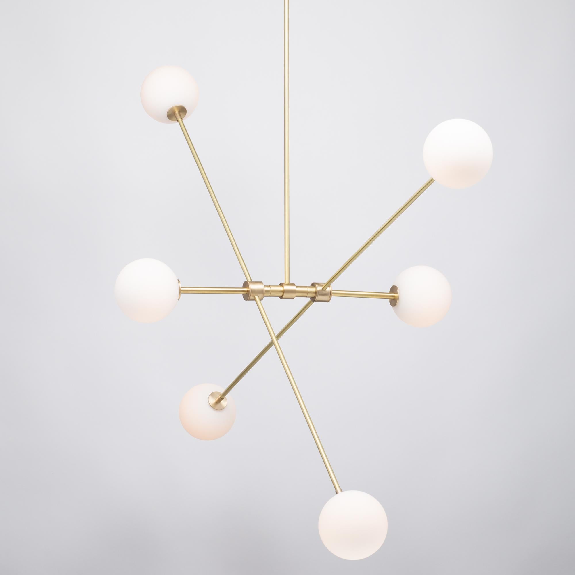 Six Matte Sphere Articulating Satin Brass Pendant
Solid brass, Satin finish. Lacquered.
G9 4.5W 97CRI Dimmable Tala bulbs included.
2700 Lumens total dimmable output.
Flush mount ceiling plate or surface mount.
Custom suspension drop height.
Matte