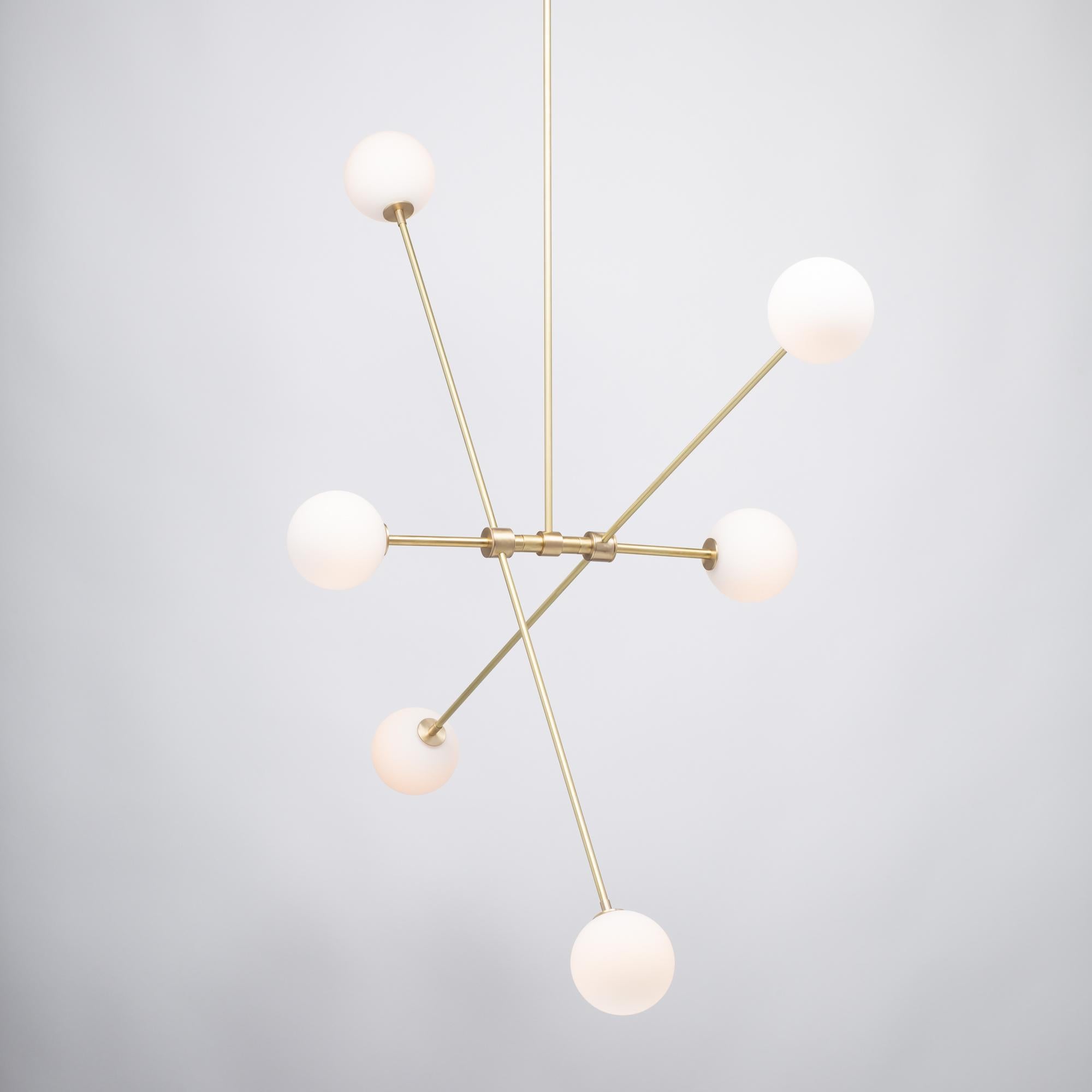 Modern Six Matte Sphere Articulating Satin Brass Pendant For Sale