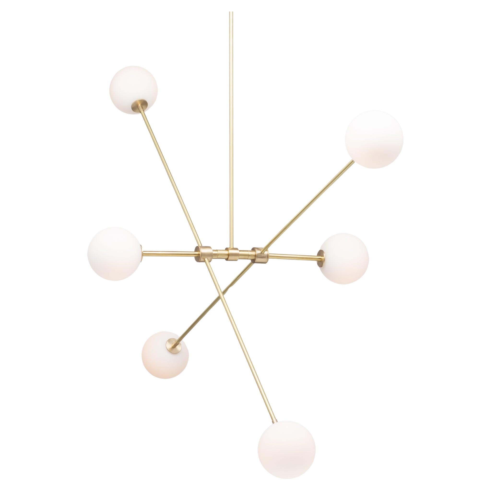 Six Matte Sphere Articulating Satin Brass Pendant For Sale
