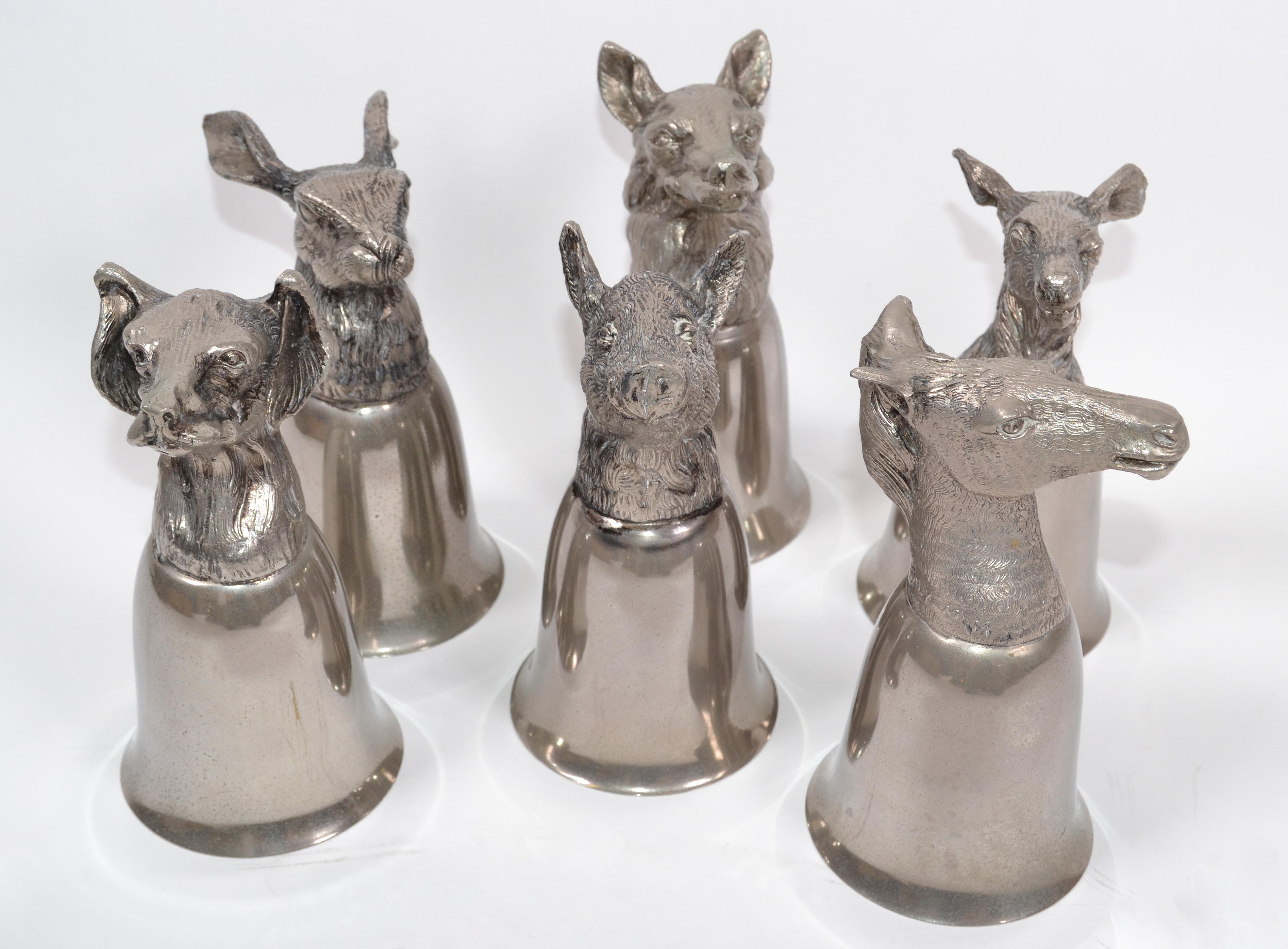 Six Mauro Manetti silver plate animal heads stirrup, goblets, cups, made in Italy.
We have the Hunting collection of a German shepherd, Labrador, sheep, rabbit, donkey, boar.
All marked MM Italy.