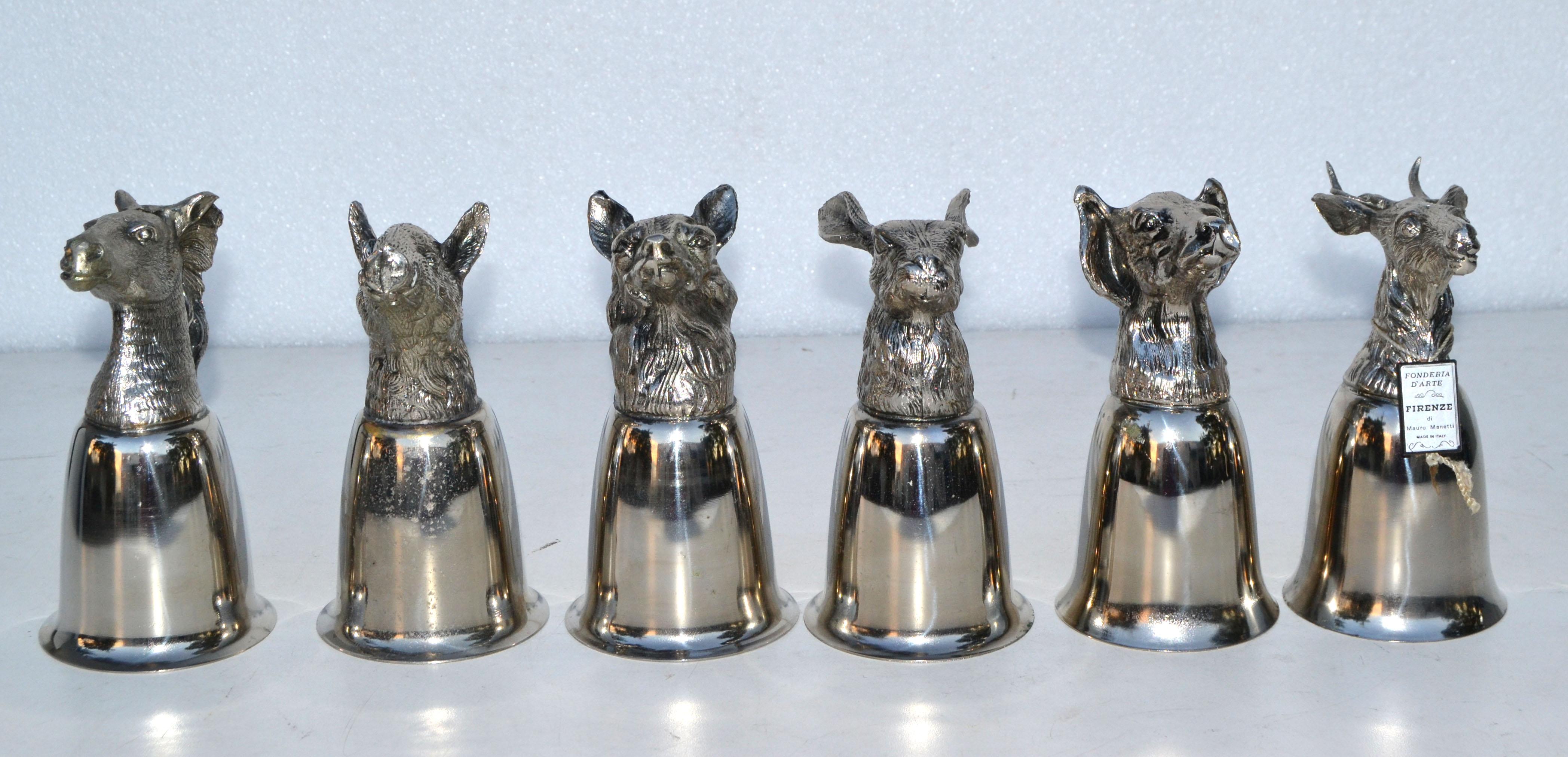 Six Mauro Manetti silver plate animal heads stirrup, goblets, cups, made in Italy.
We have the Hunting collection of a German shepherd, Labrador, deer, rabbit, donkey, boar.
All marked MM Italy & original tag included.