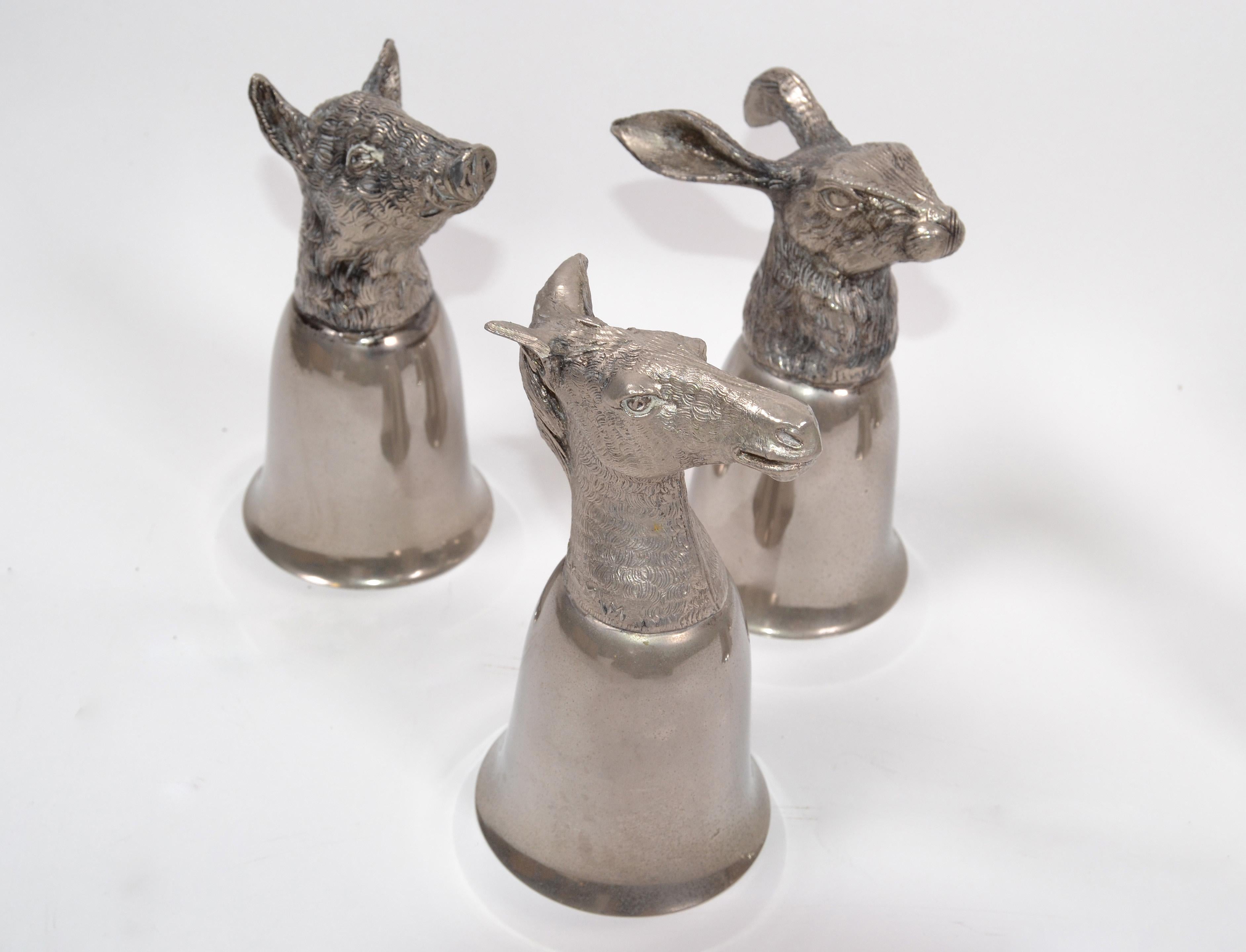 Mid-Century Modern Six Mauro Manetti Silver Plate Animal Heads Stirrup Goblets Cups, Made in Italy