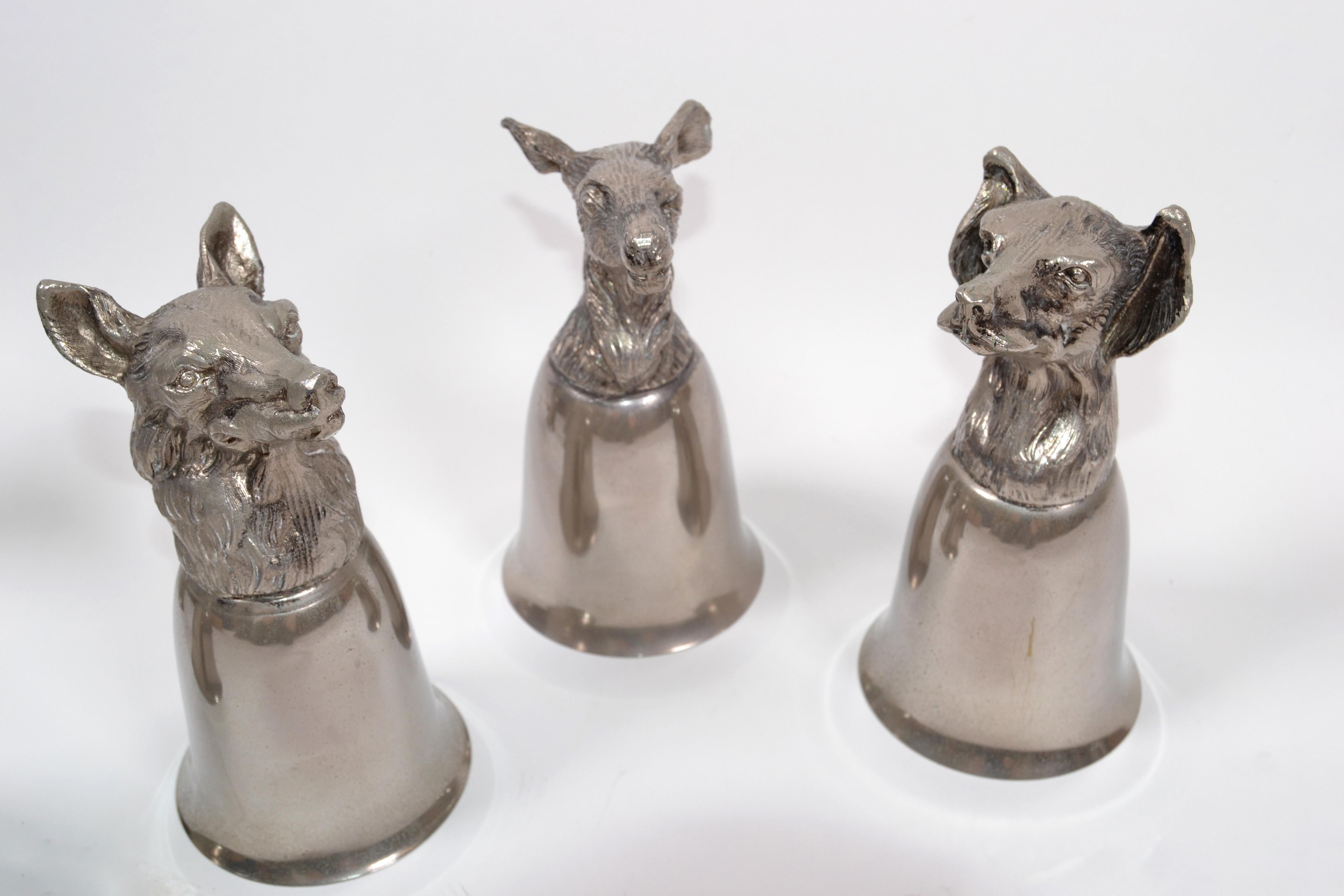 Italian Six Mauro Manetti Silver Plate Animal Heads Stirrup Goblets Cups, Made in Italy