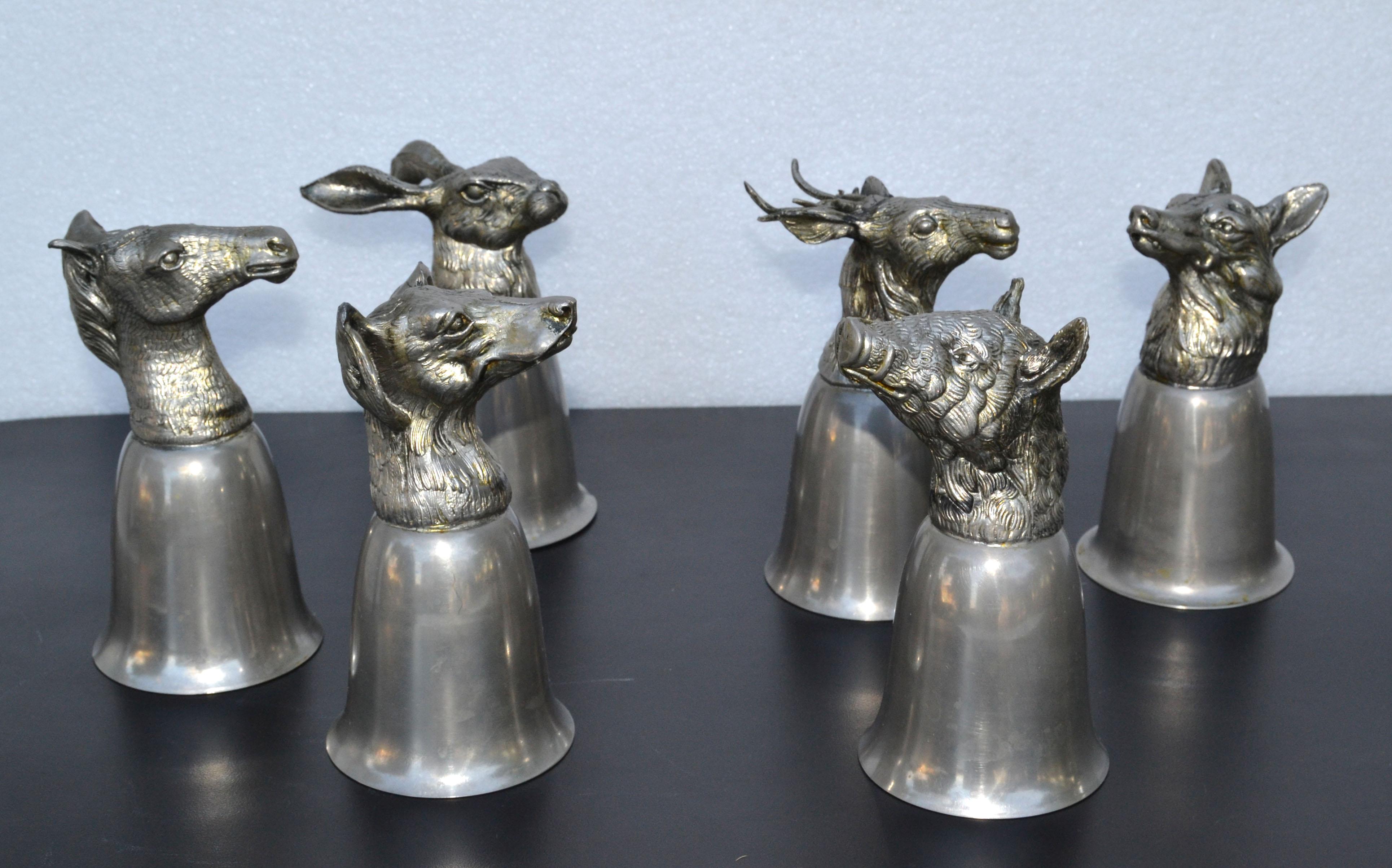 Italian Six Mauro Manetti Silver Plate Animal Heads Stirrup Goblets Cups, Made in Italy