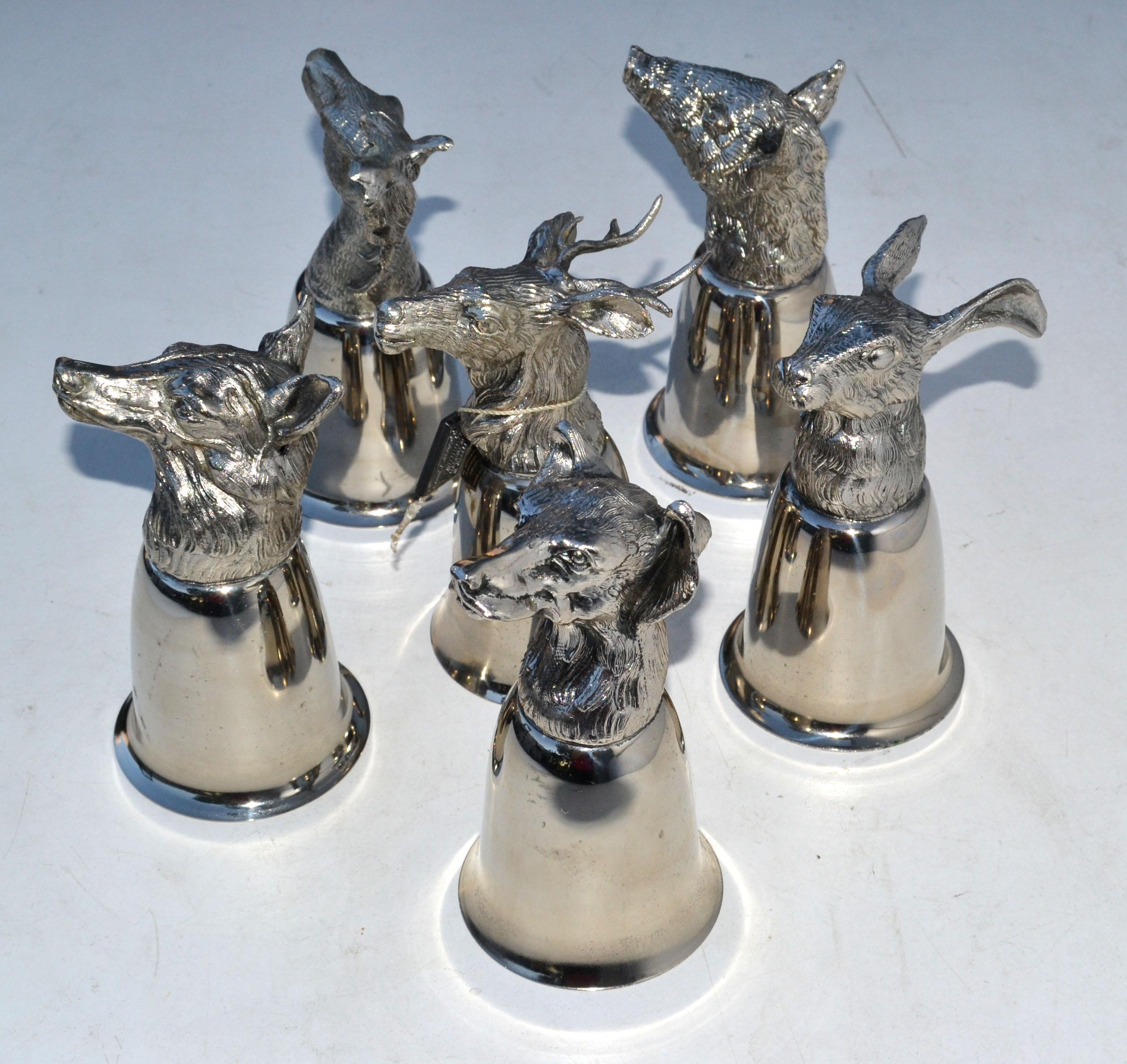 Mid-Century Modern Six Mauro Manetti Silver Plate Animal Heads Stirrup Goblets Cups, Made in Italy For Sale