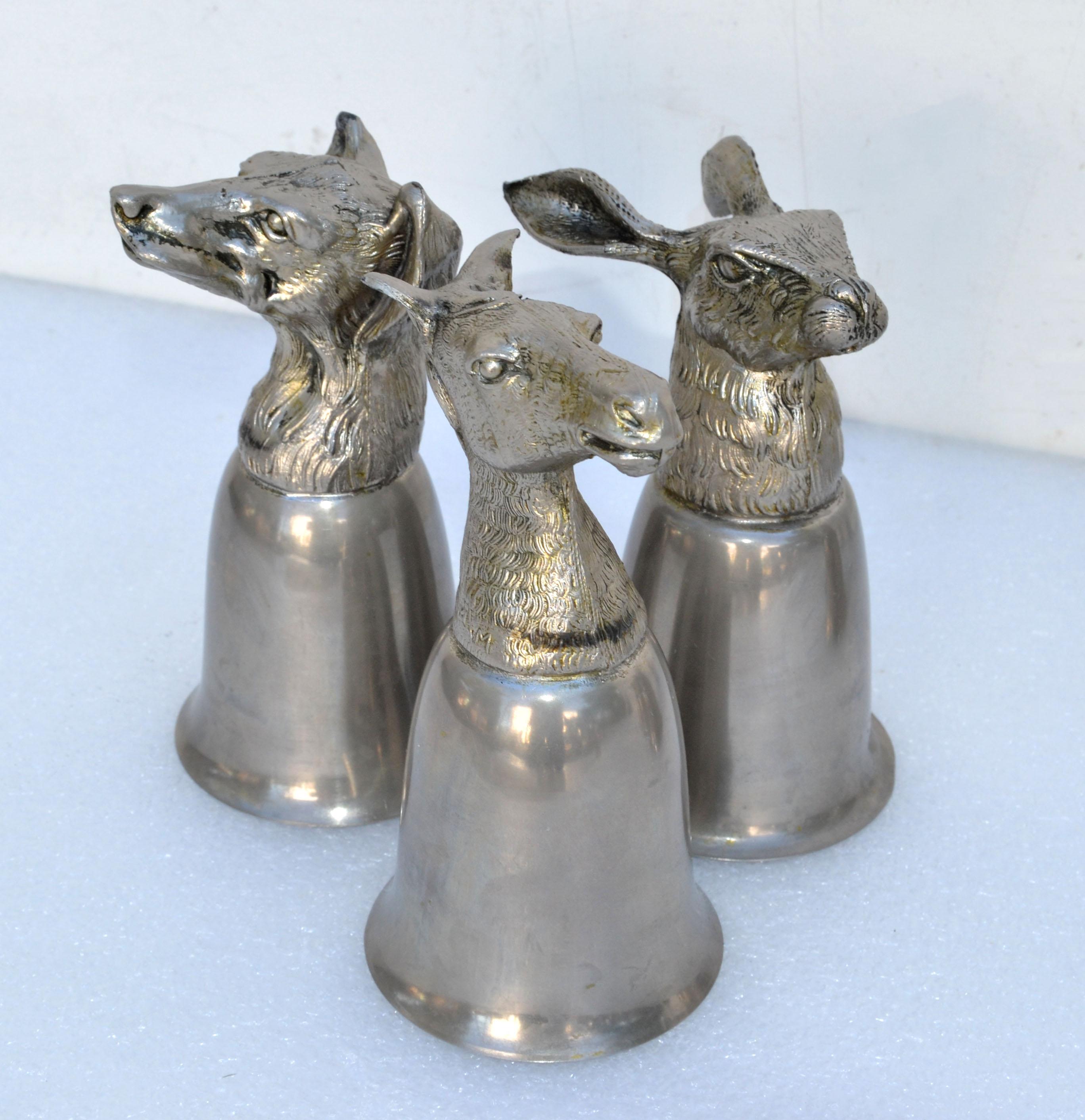 Hand-Crafted Six Mauro Manetti Silver Plate Animal Heads Stirrup Goblets Cups, Made in Italy