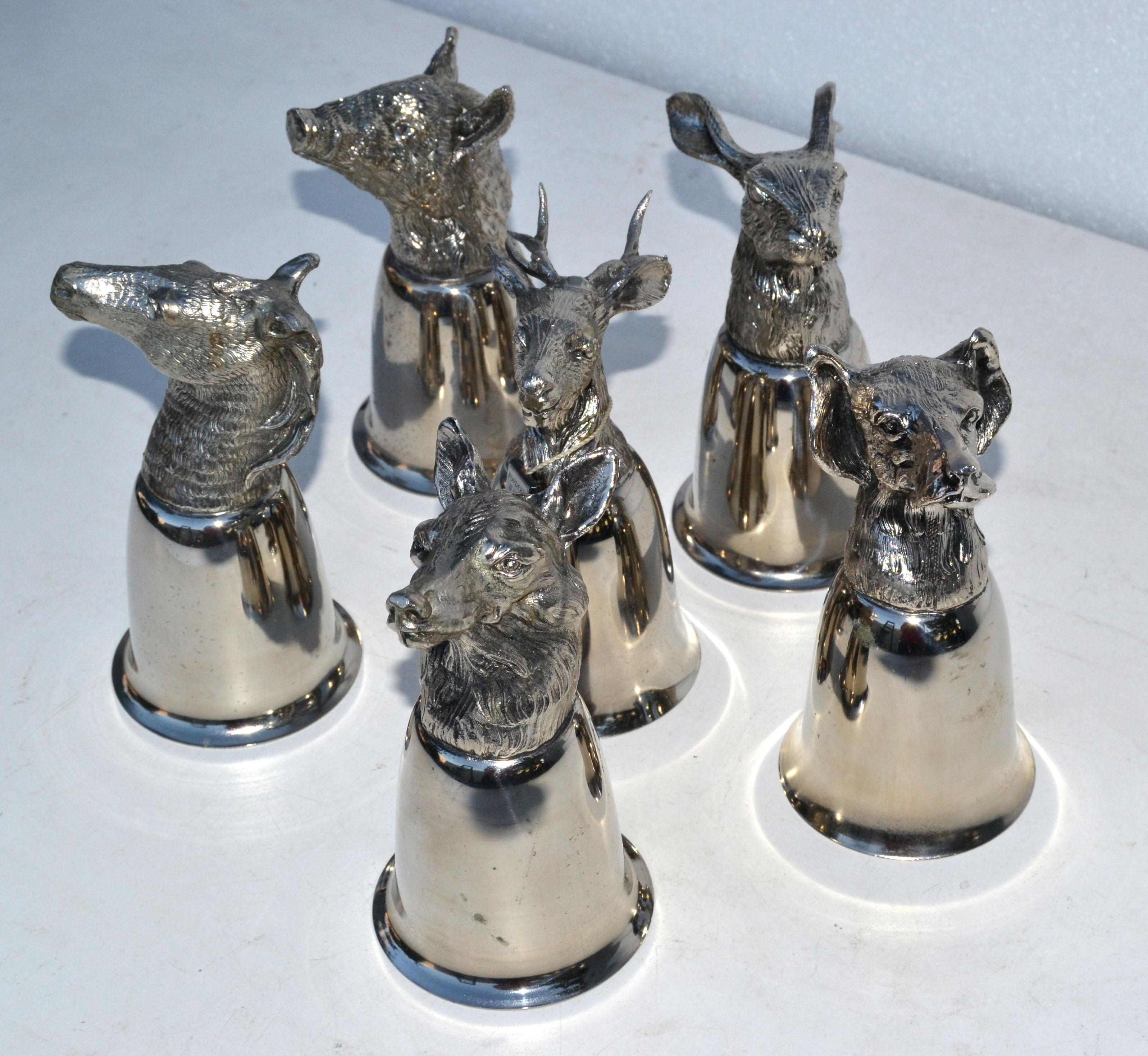 Italian Six Mauro Manetti Silver Plate Animal Heads Stirrup Goblets Cups, Made in Italy For Sale