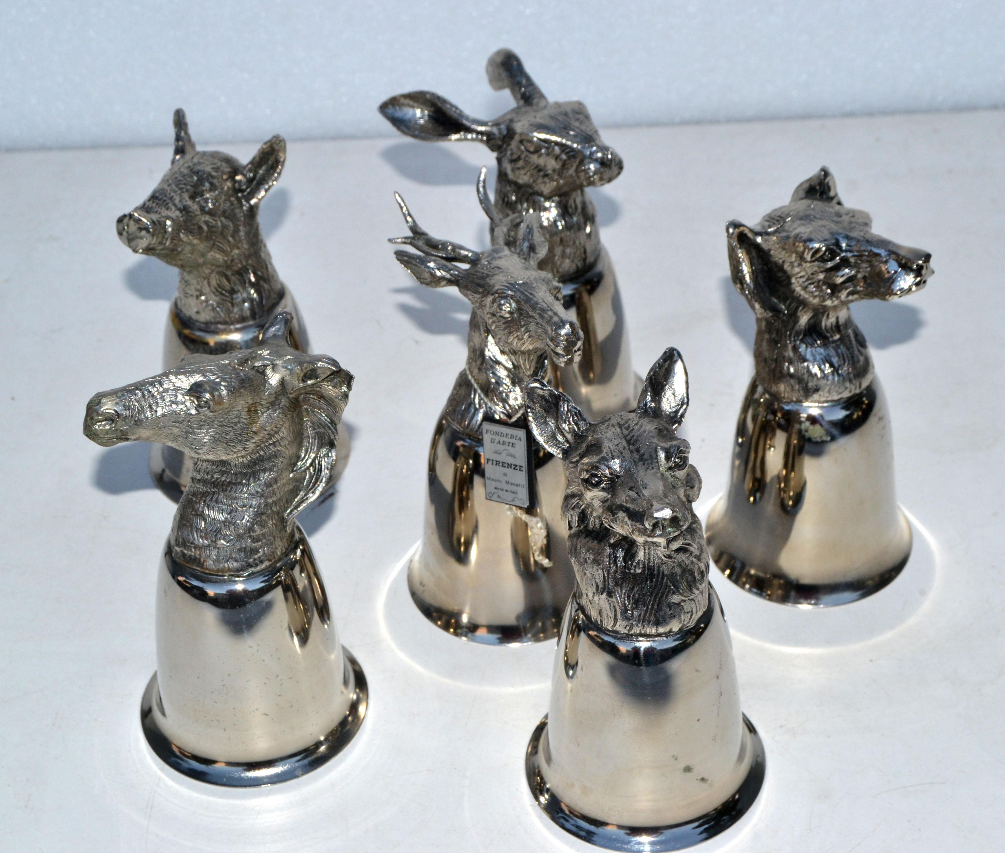 Hand-Crafted Six Mauro Manetti Silver Plate Animal Heads Stirrup Goblets Cups, Made in Italy For Sale