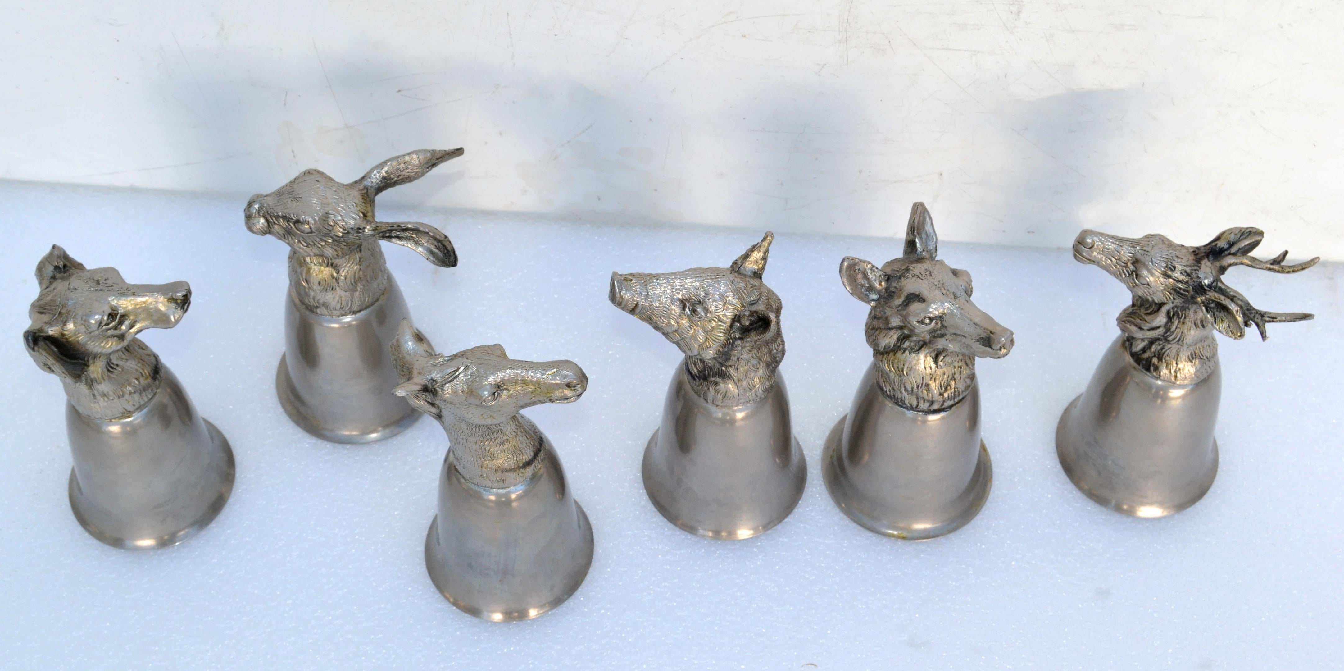 Metal Six Mauro Manetti Silver Plate Animal Heads Stirrup Goblets Cups, Made in Italy