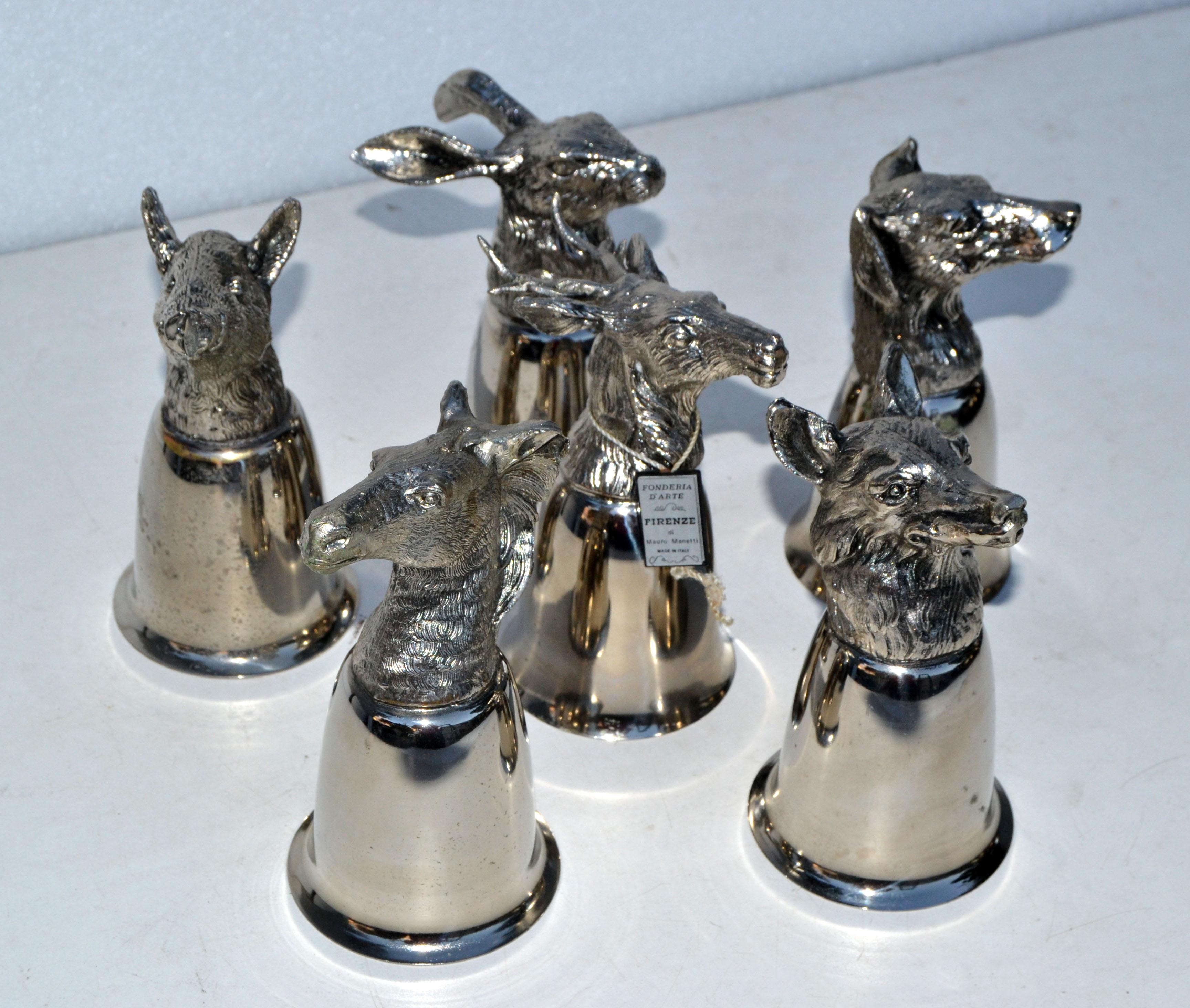 Mid-20th Century Six Mauro Manetti Silver Plate Animal Heads Stirrup Goblets Cups, Made in Italy For Sale
