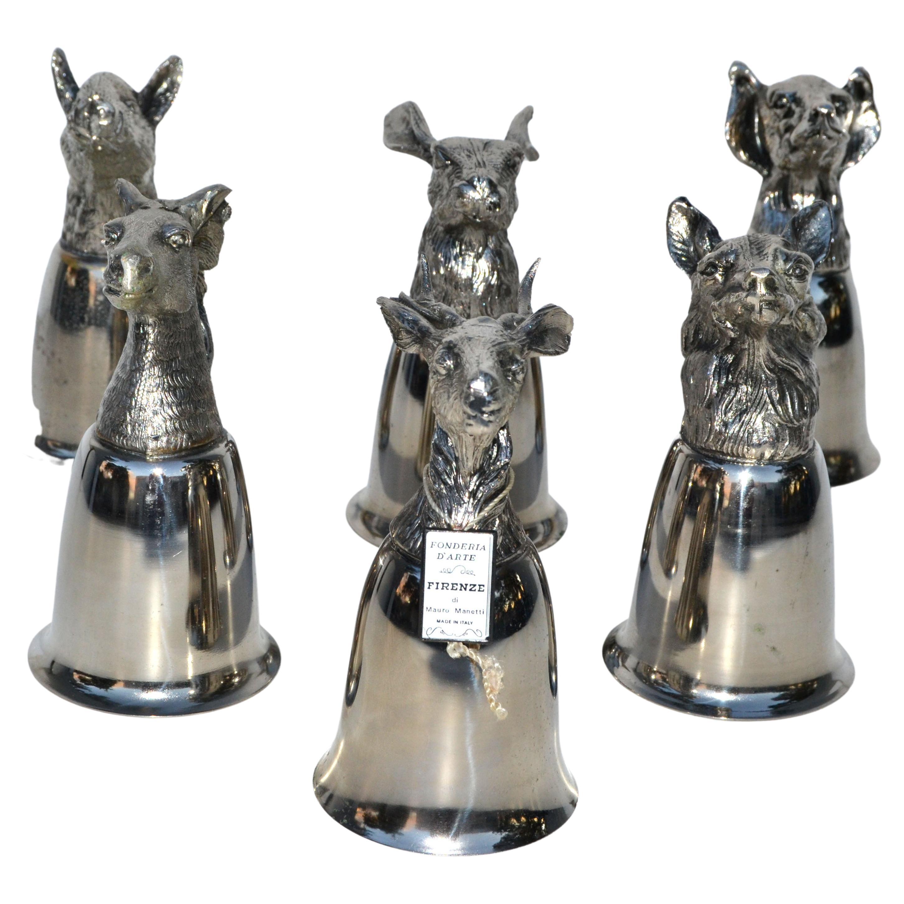 Six Mauro Manetti Silver Plate Animal Heads Stirrup Goblets Cups, Made in Italy For Sale