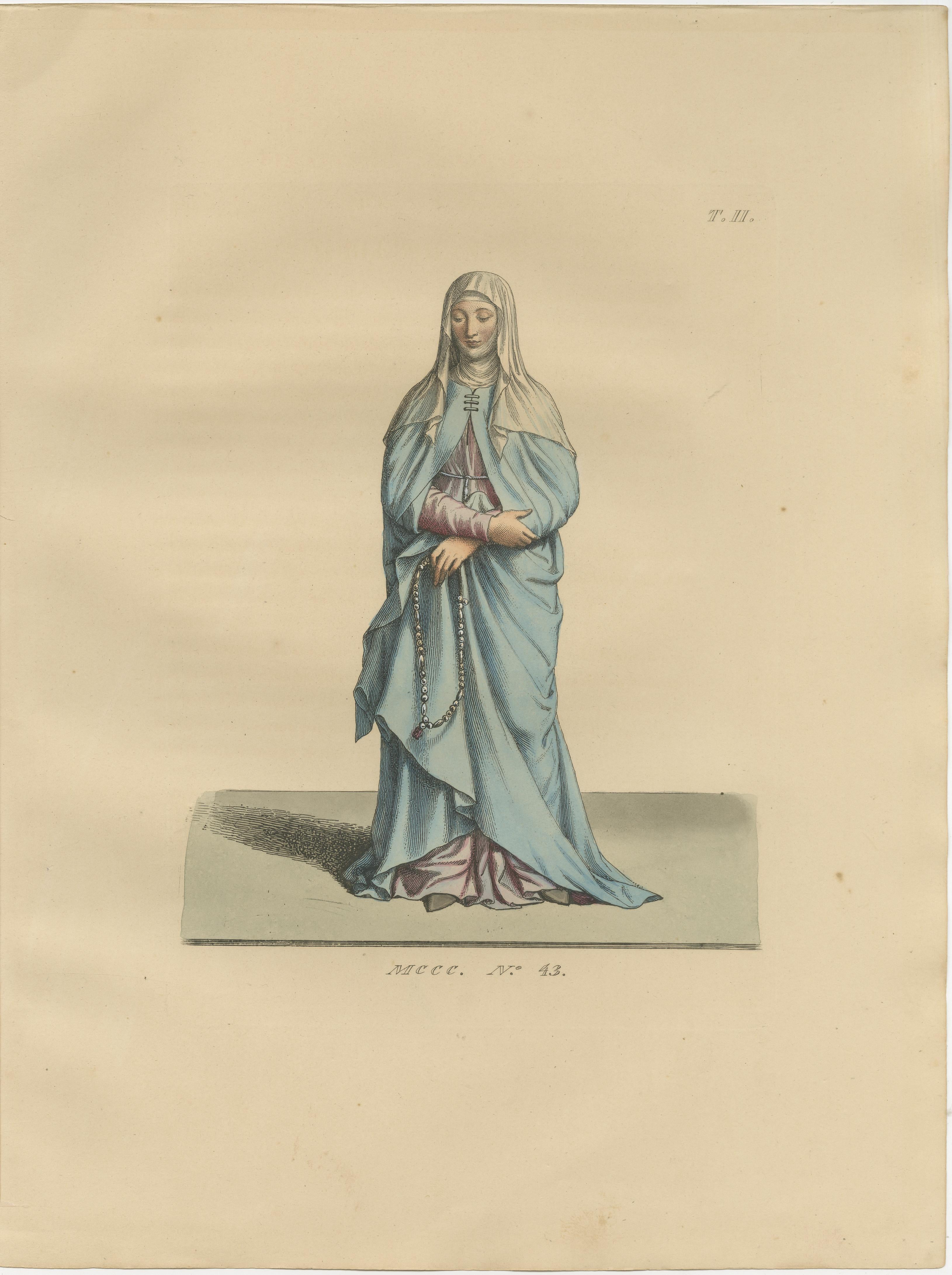 Six Medieval Costumes Hand-Colored Lithographs, France, Circa 1860
