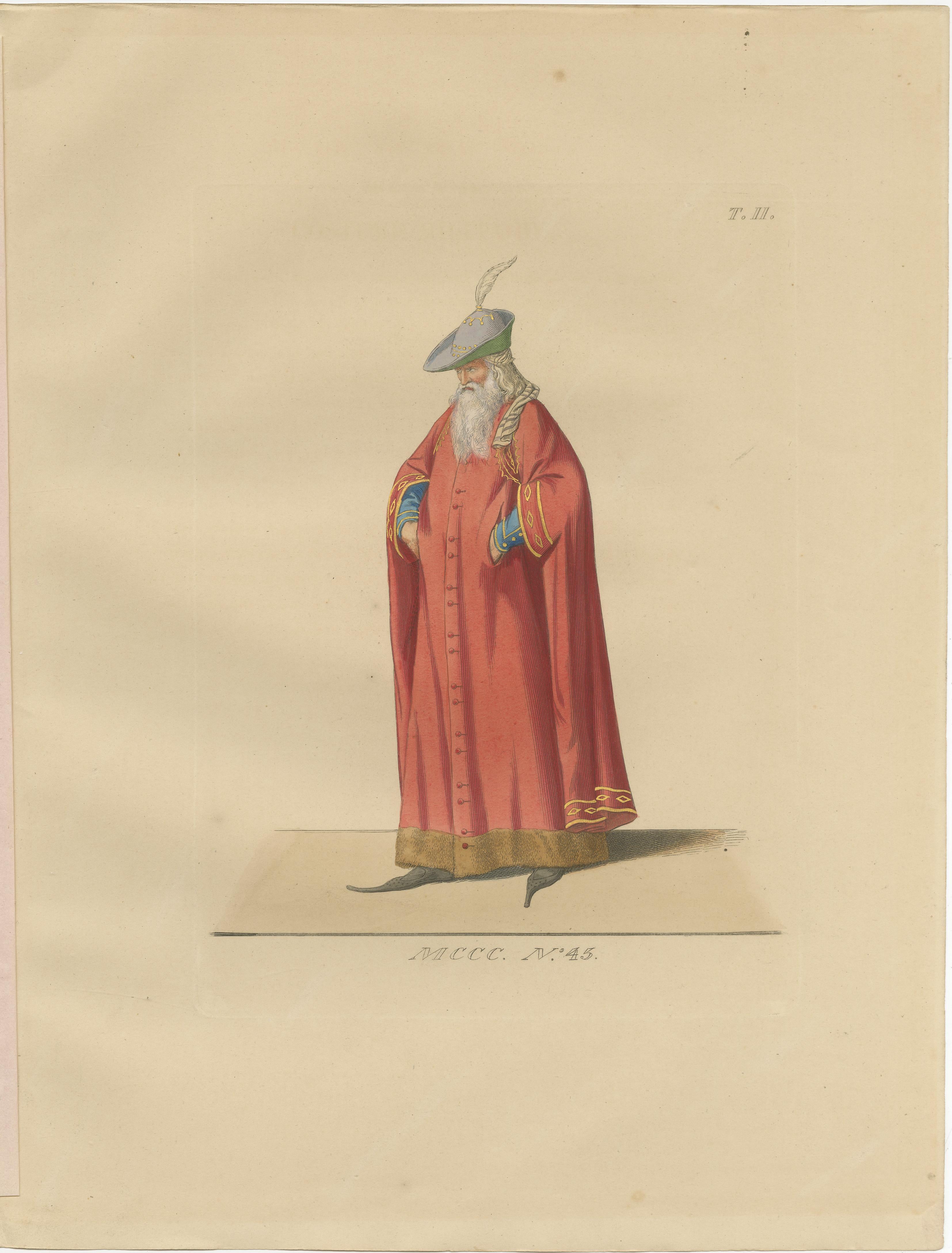 Six Medieval Costumes Hand-Colored Lithographs, France, Circa 1860