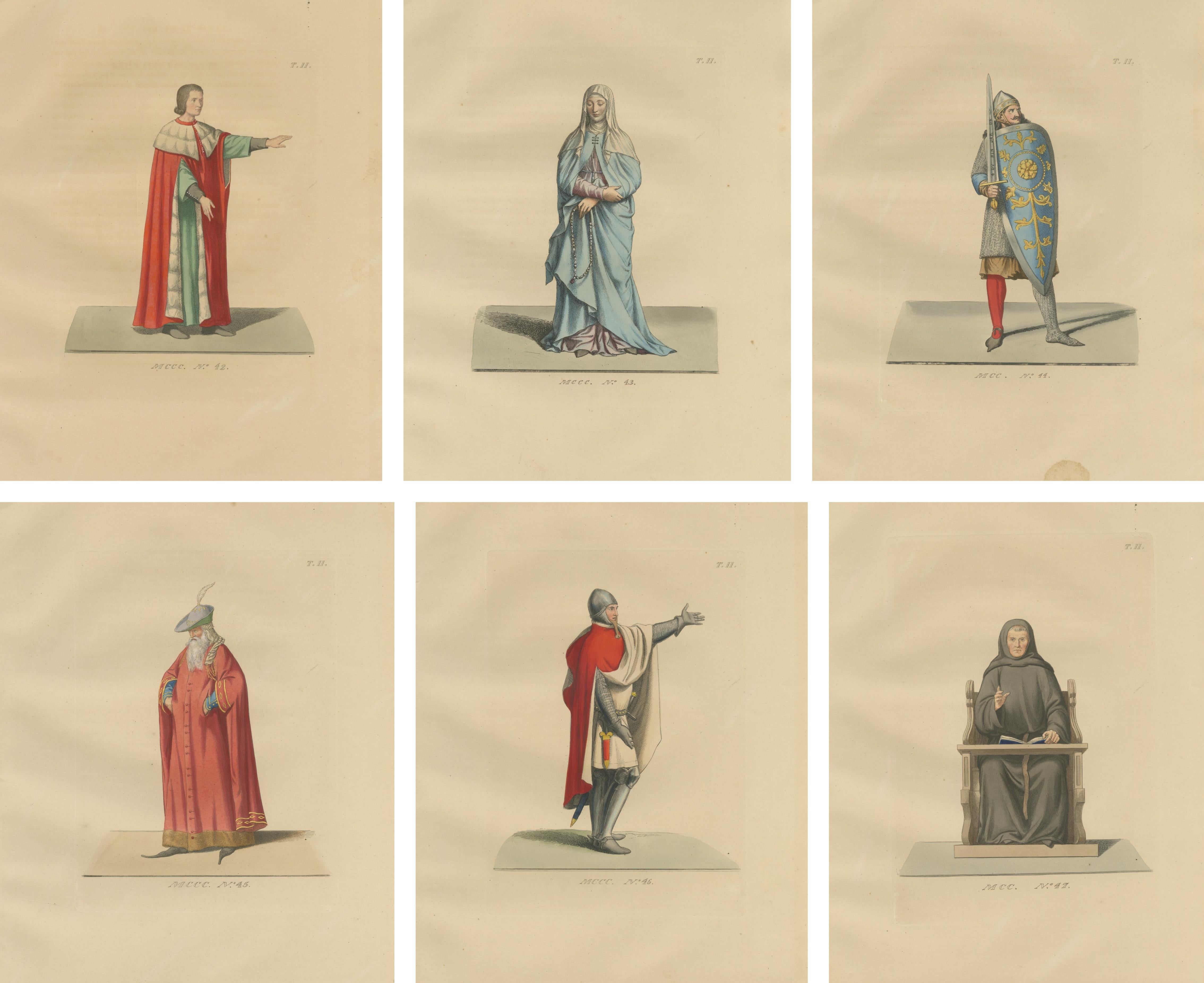 Six Medieval Costumes Hand-Colored Lithographs, France, Circa 1860