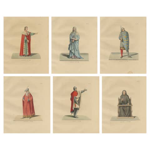 Six Medieval Costumes Hand-Colored Lithographs, France, Circa 1860
