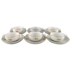 Six Meissen Bouillon Cups with Saucers in Porcelain with Flowers and Foliage
